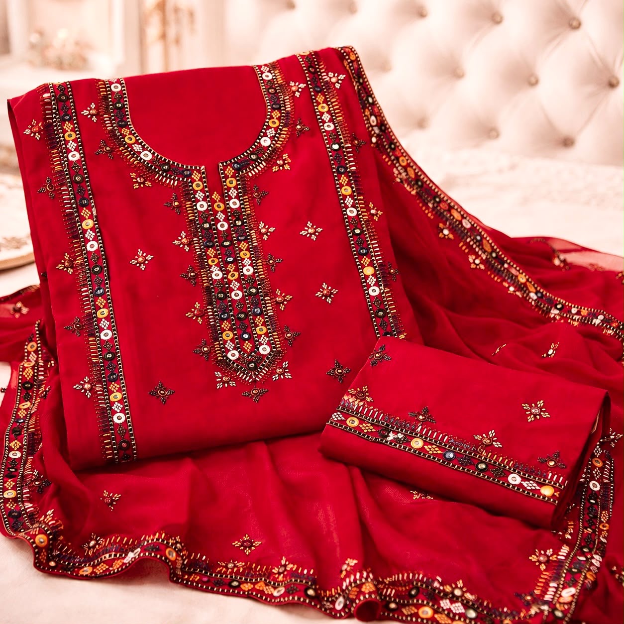 Balochi Gala Bail Daman 9MM Sitara Thick Thread Embroidered Lawn Cotton with Chiffon Dupatta - 3PC Unstitch Dress 👗