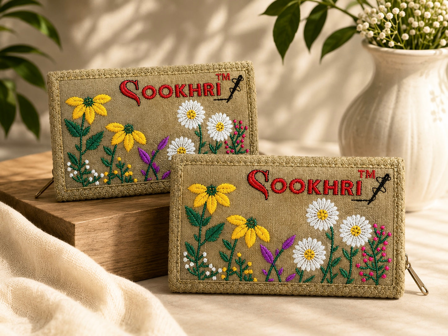 SOOKHRI Embroidered Velvet Clutch – Floral Zipper Wallet (Pair of 2)