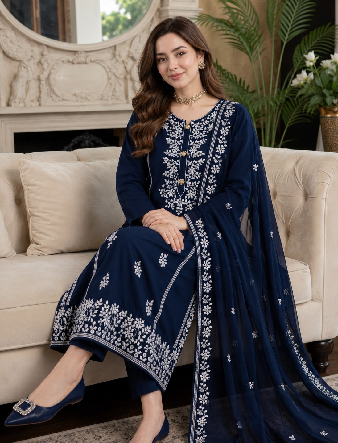 Applic Patti Style Sitara Embroidered Lawn Cotton Shirt & Trouser with Chiffon Embroidered Dupatta - 3PC Unstitch Dress 👗