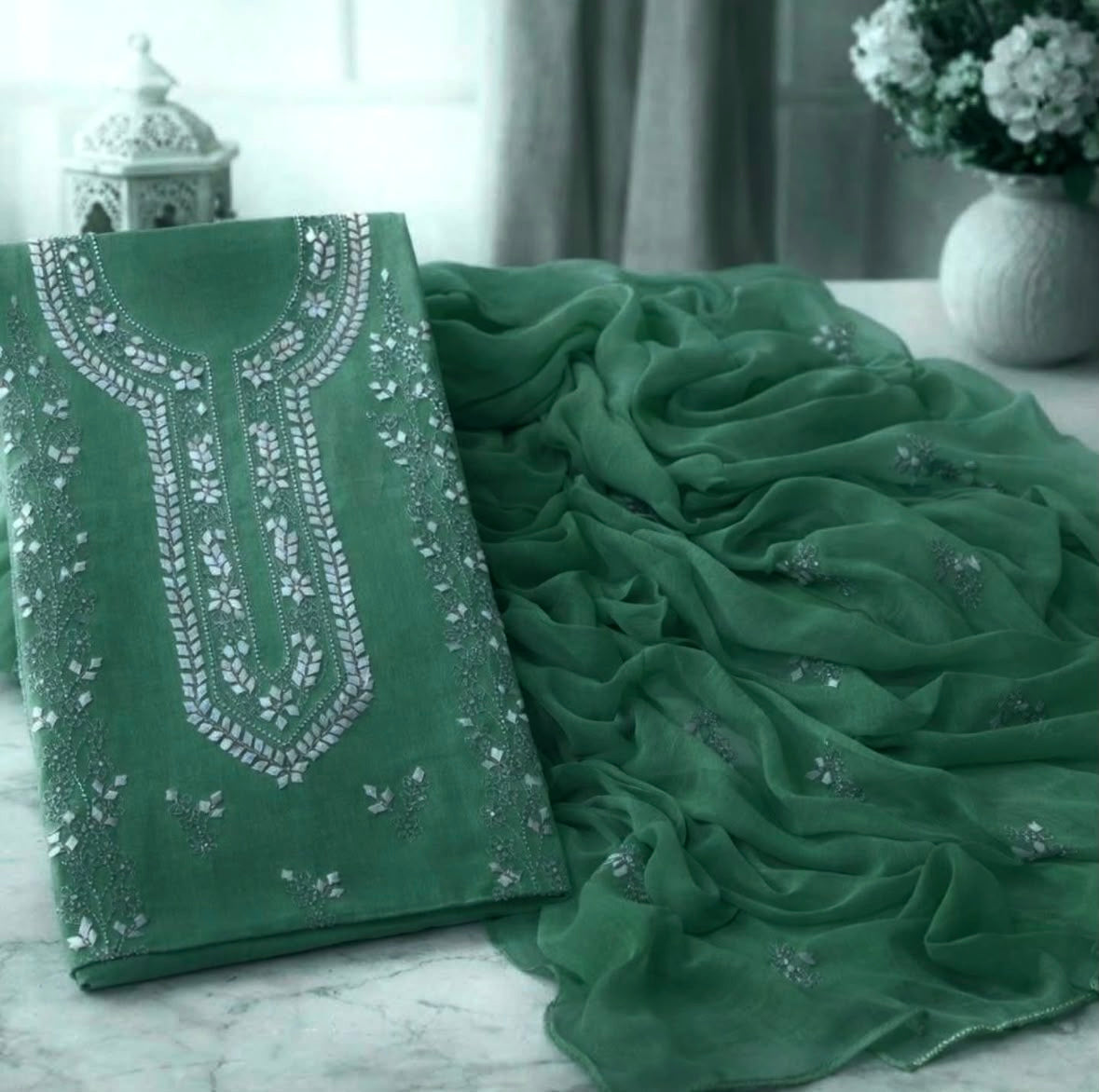 Handmade Applique Leaf, Zari & Pearl Work Lawn Fabric With Chiffon Dupatta 3PC Dress