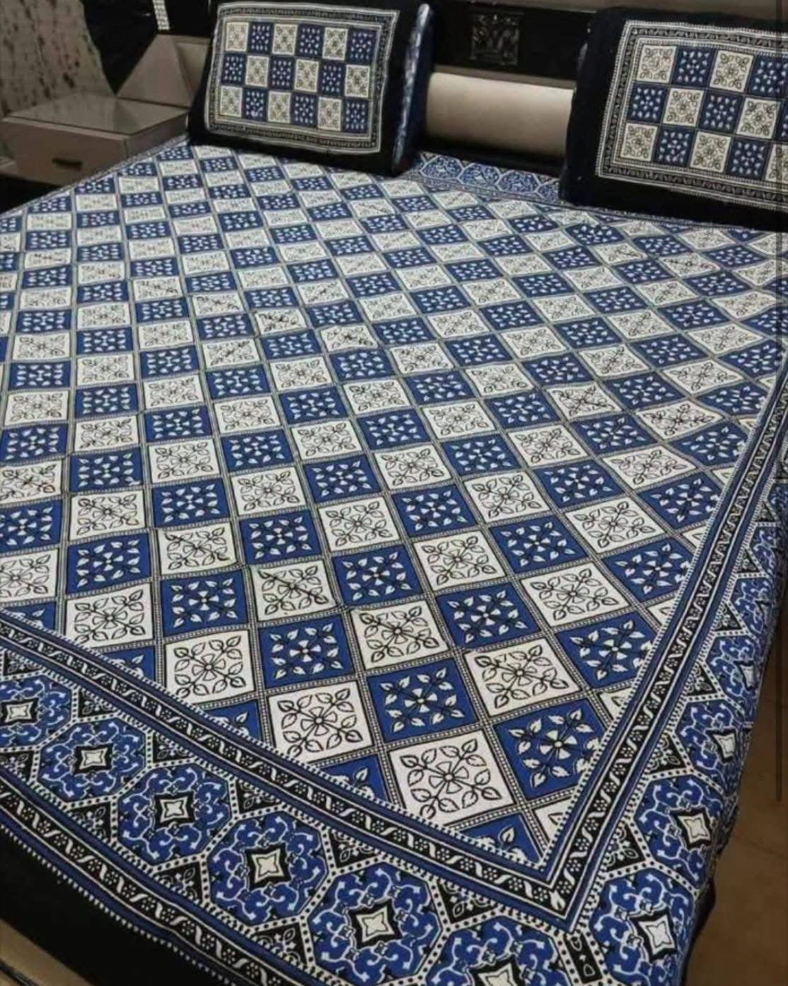 King Size Ajrak Block Hand Print Cotton Stuff Bedsheet Set with 2 Unstitched Pillow Covers