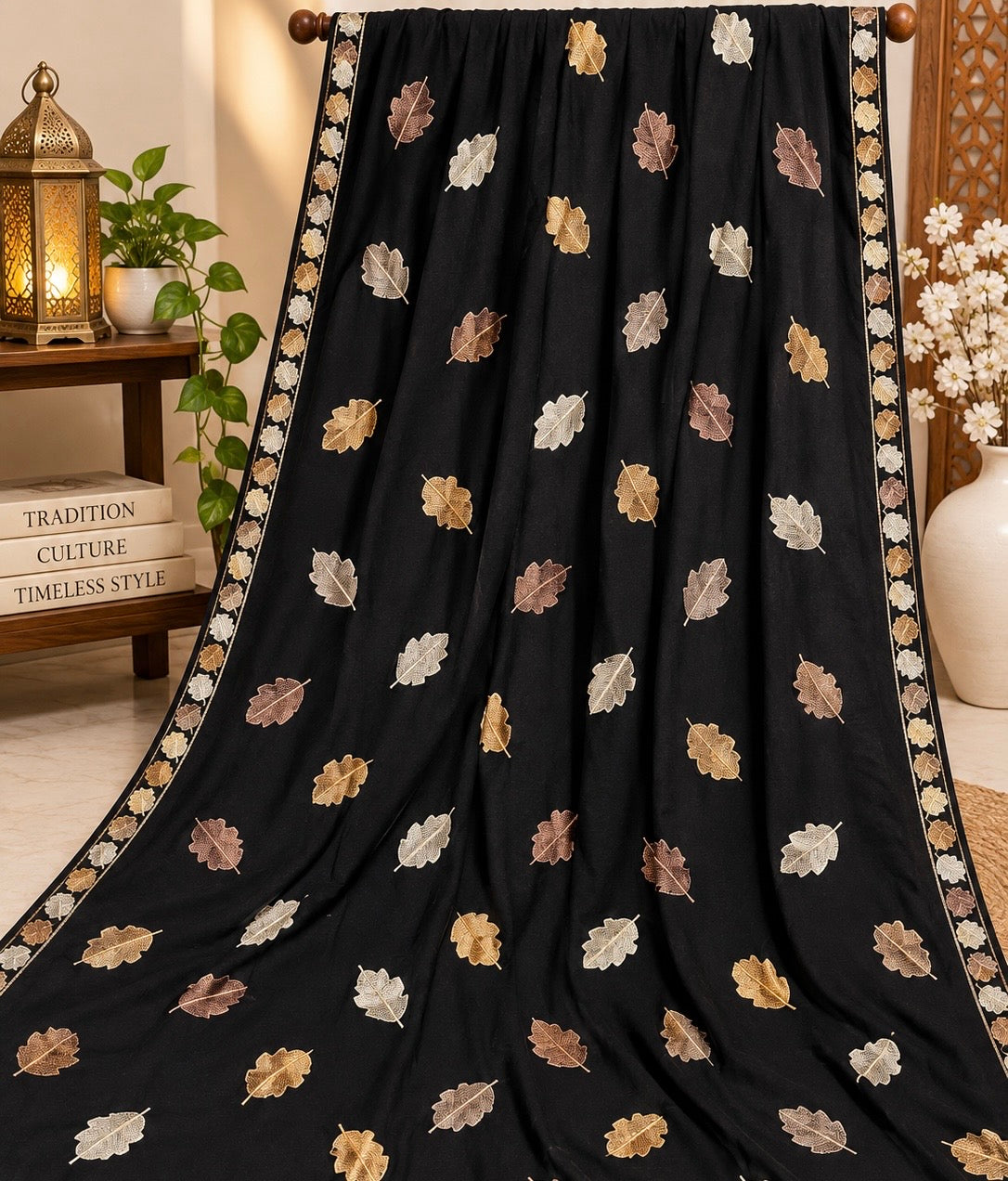 Premium Linen Chadar with Resham Embroidery | Leaf Motif | Double Side Border