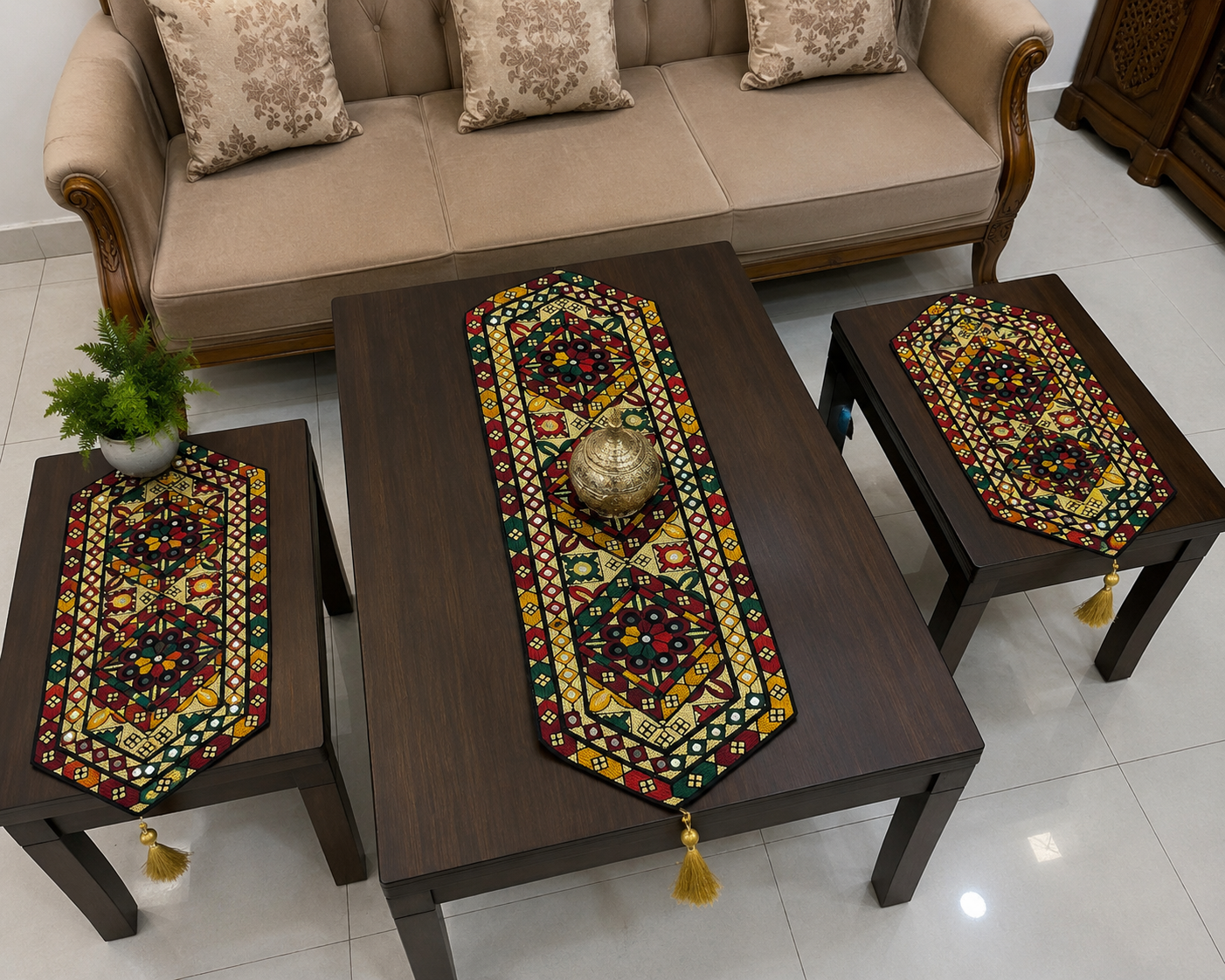 Antique Multi Sitara Machine Embroidered Sofa Table Mats 3pc Set