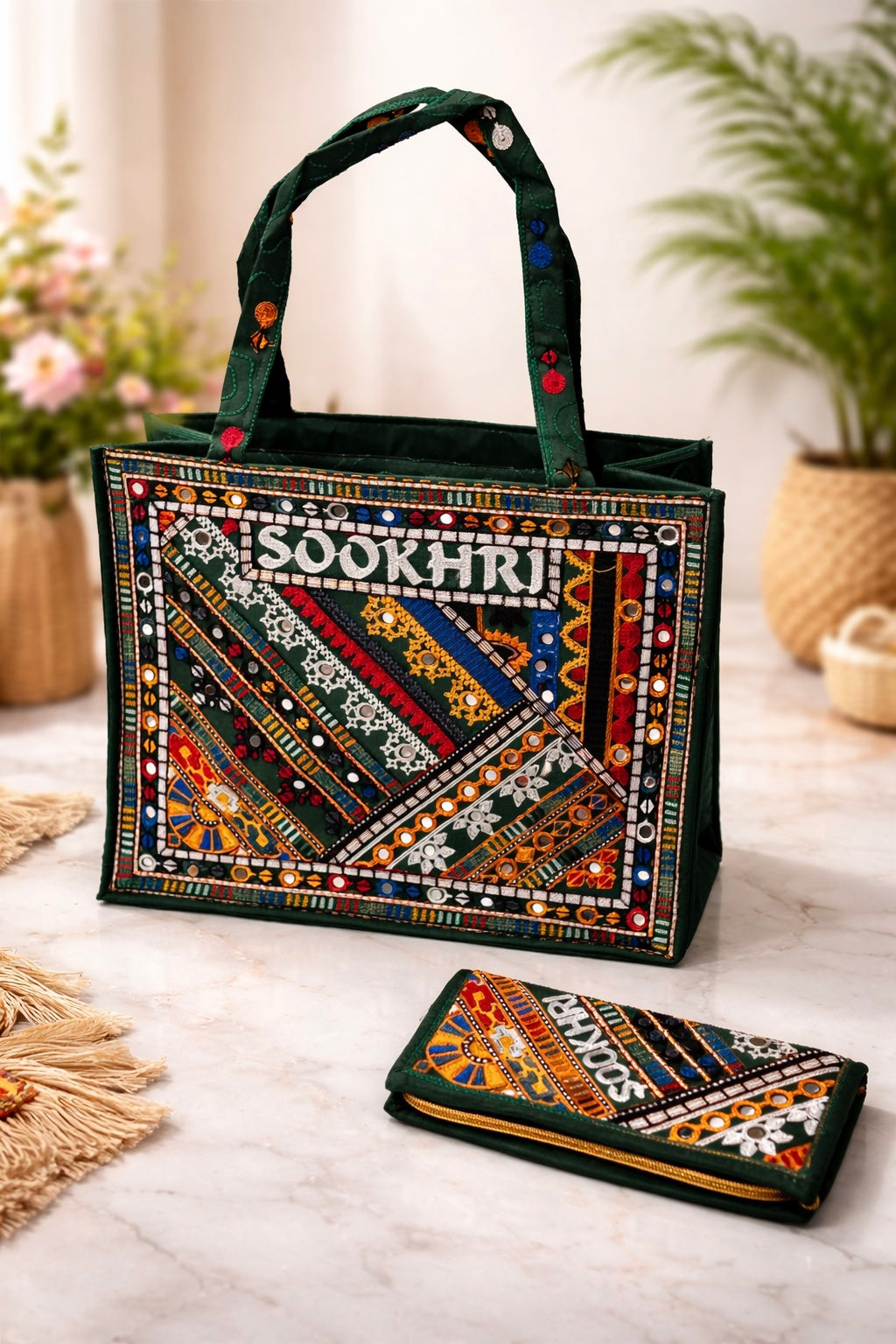 Traditional Multi-Pattern Antique Embroidered Handbag with Matching Clutch