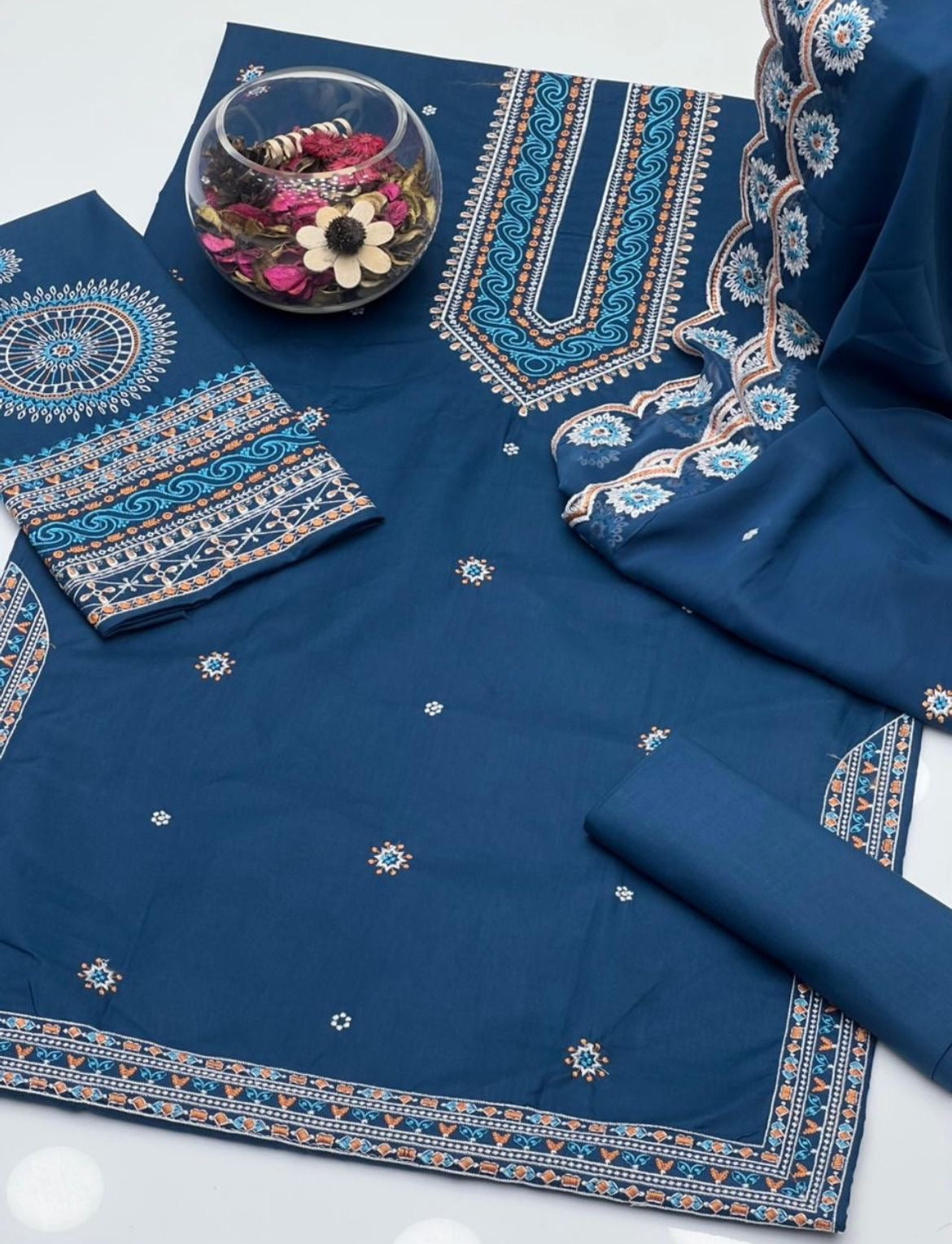 Luxury Lawn Cotton Embroidered 3 Piece Unstitched Suit with Cutwork Chiffon Dupatta