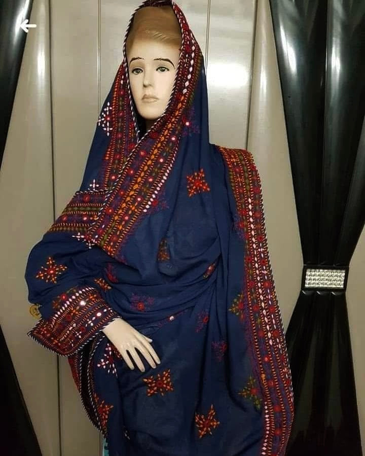 Handmade Traditional Balochi Chadar – Swiss Voile with Original Mirror Work & Double Border (All Four Sides)