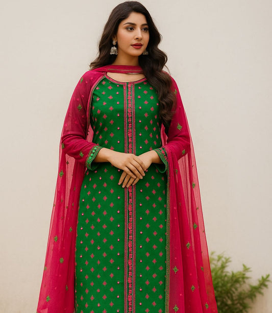 Green Soft Cotton Suit with 9mm Sitara Work & Pink Chiffon Dupatta