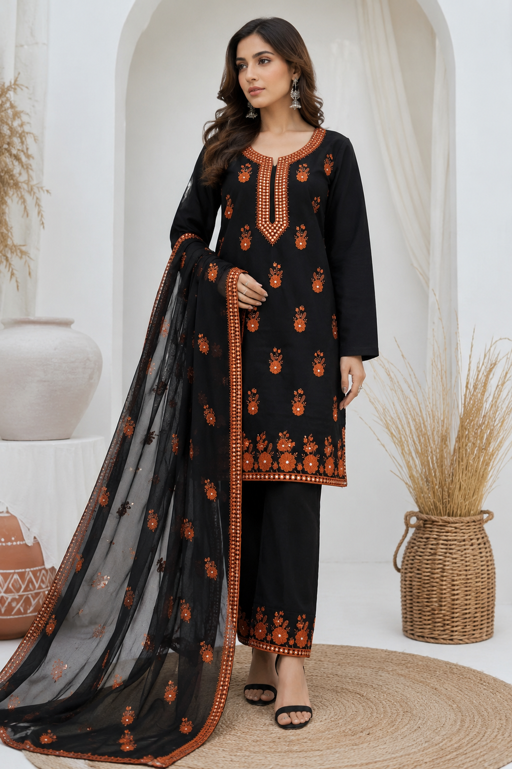 Sitara Sequence Embroidered Lawn Cotton Shirt & Trouser with Two-Side Border Chiffon Dupatta – 3PC Unstitched Dress 👗