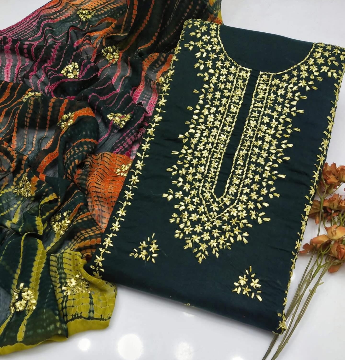 Gotta Work Handmade Lawn Stuff with Chiffon Tie-Dye Dupatta 3PC Unsticthed Dress