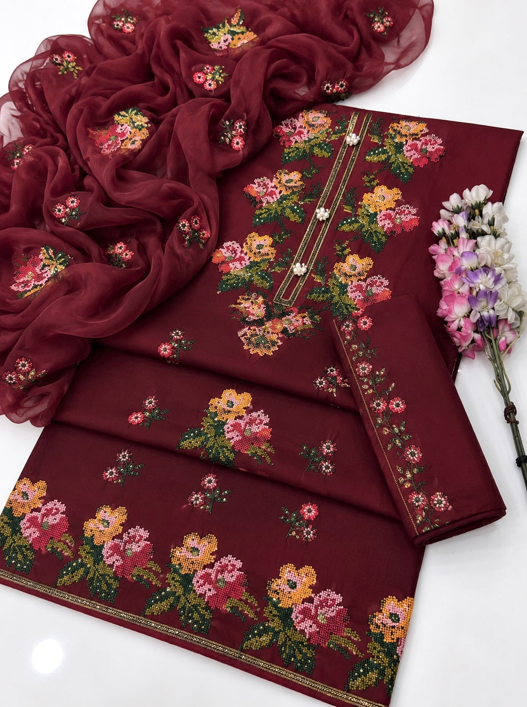 3MM Sequence Sitara Heavy Cross Stitch Multi Floral Embroidery Lawn Cotton with Chiffon Dupatta - 3PC Unstitched Dress 👗