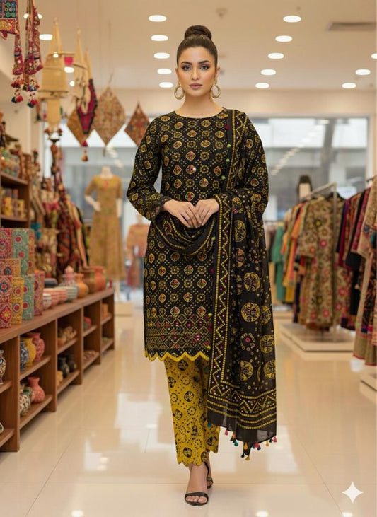 Chunri Block Print Cotton 3-Piece Suit Multi-Sitara Foil Work - 3PC Unstitch Dress