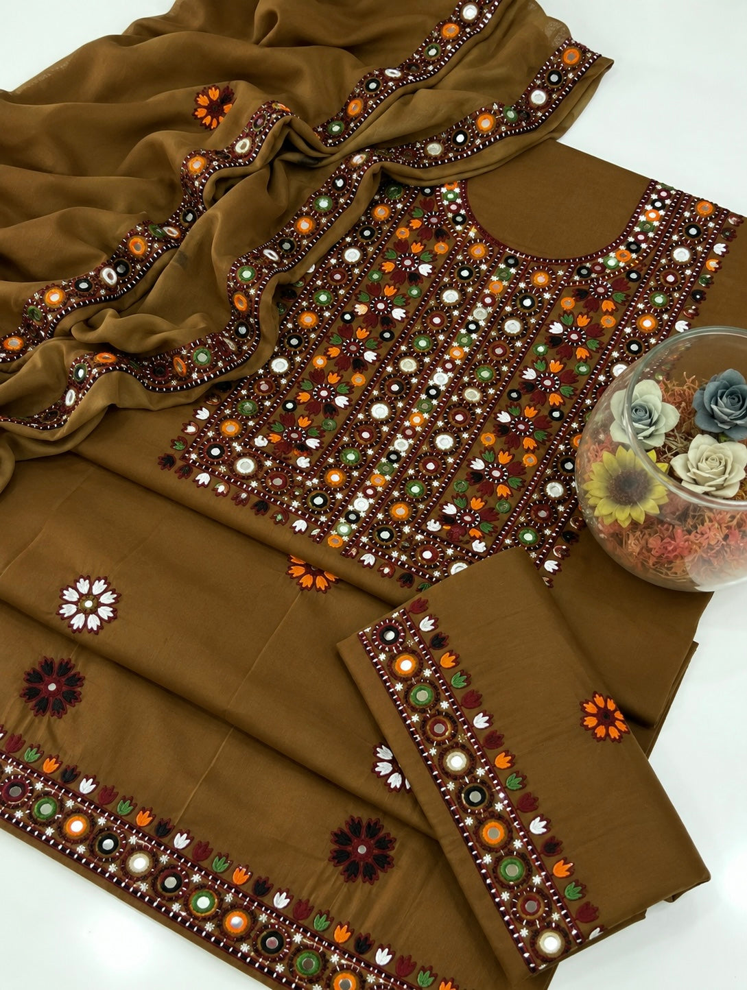 Balochi Multi Thick Thread 9MM Sitara Heavy Embroidered Soft Cotton with Chiffon Dupatta – 3PC Unstitched Dress