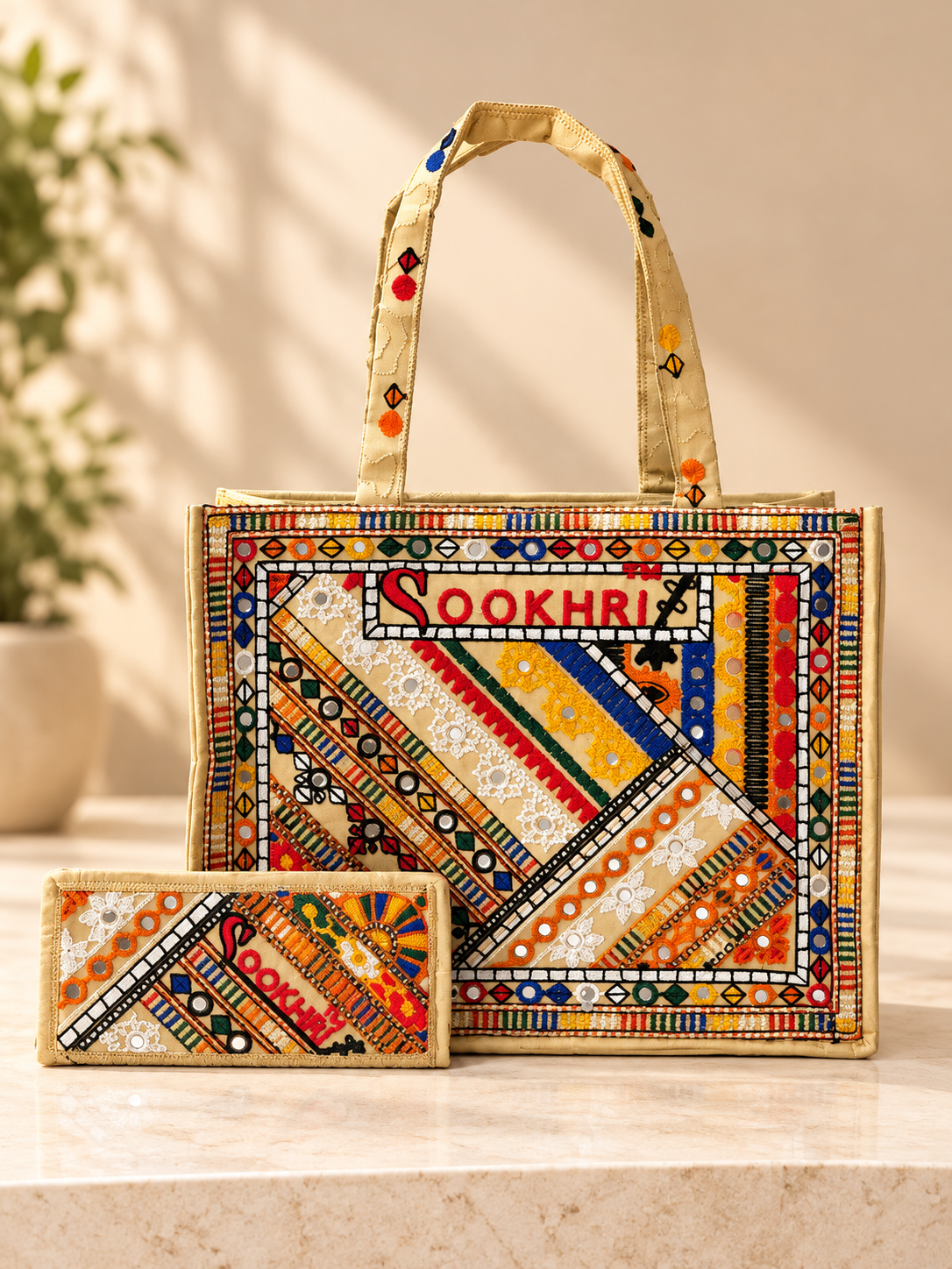 Traditional Multi-Pattern Embroidered Handbag with Matching Clutch – Antique Design