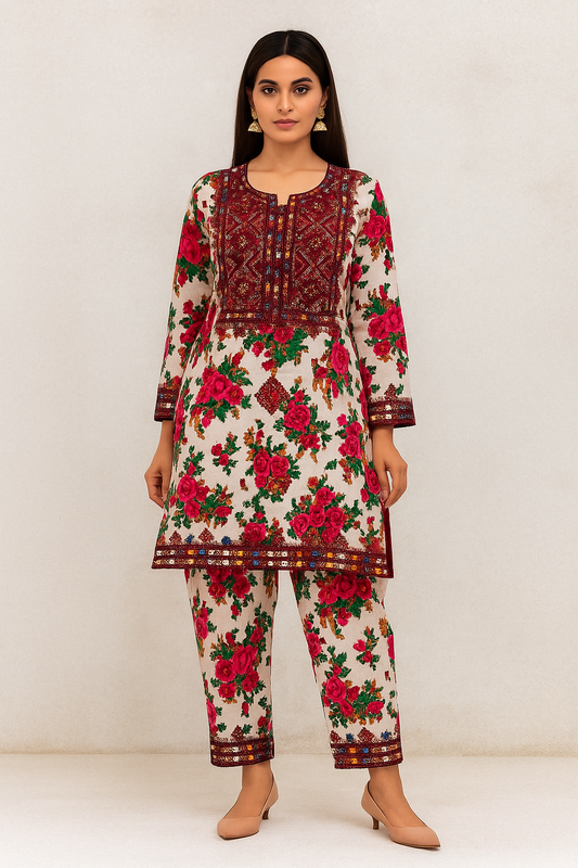 2-Piece Acrylic Marina Floral Suit | Thick Thread & 9mm Sitara Embroidered Winter Wear