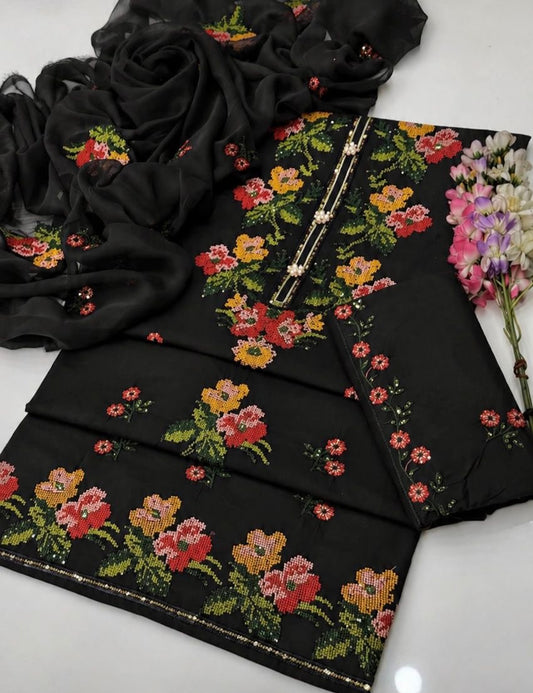 3MM Sequence Sitara Heavy Cross Stitch Multi Floral Embroidery Lawn Cotton with Chiffon Dupatta - 3PC Unstitched Dress 👗