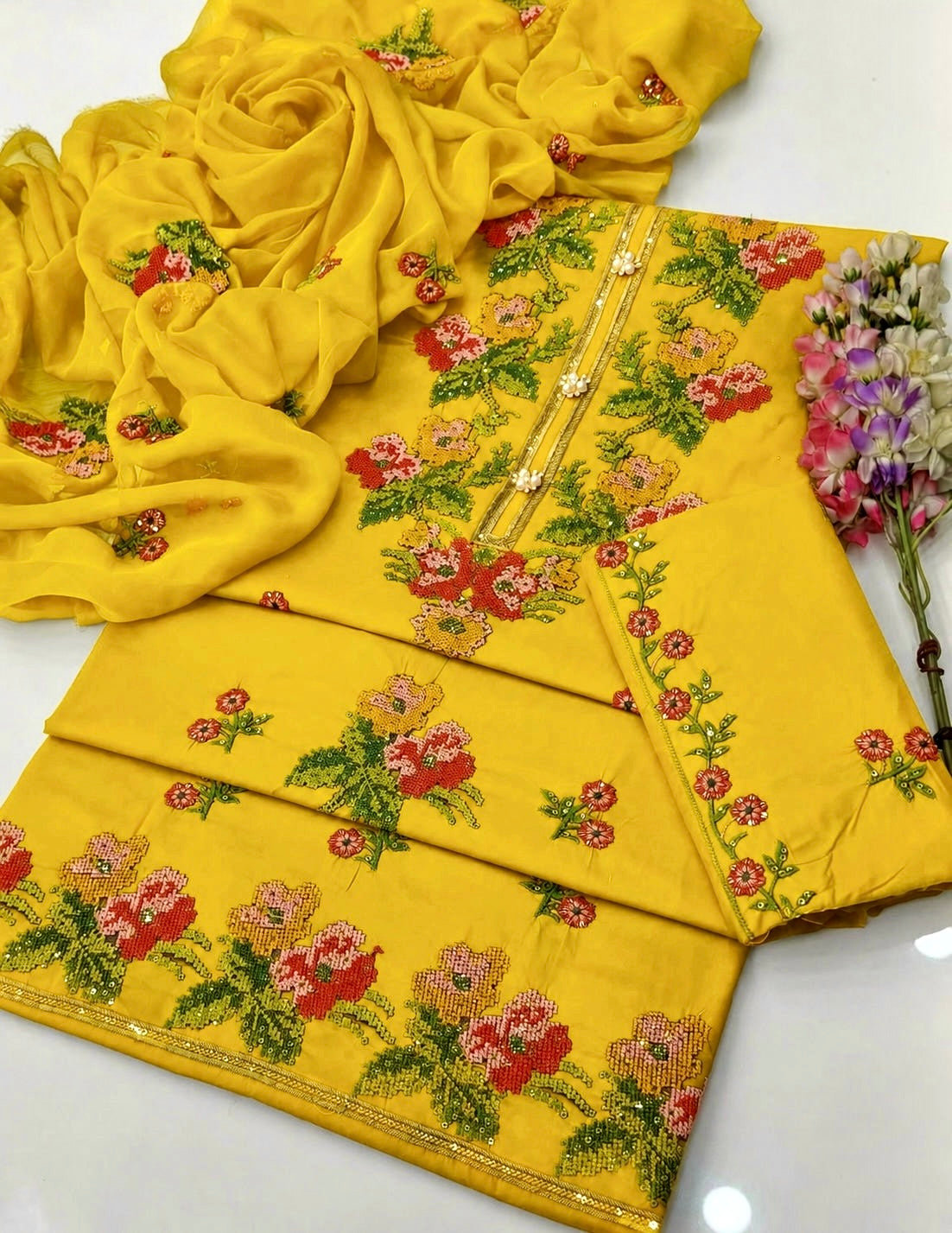 3MM Sequence Sitara Heavy Cross Stitch Multi Floral Embroidery Lawn Cotton with Chiffon Dupatta - 3PC Unstitched Dress 👗