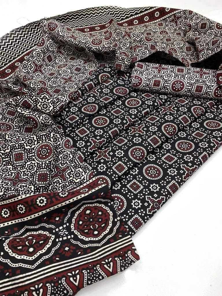 Ajrak Block Print 3 Piece Dress – Soft Winter Cotton Fabric