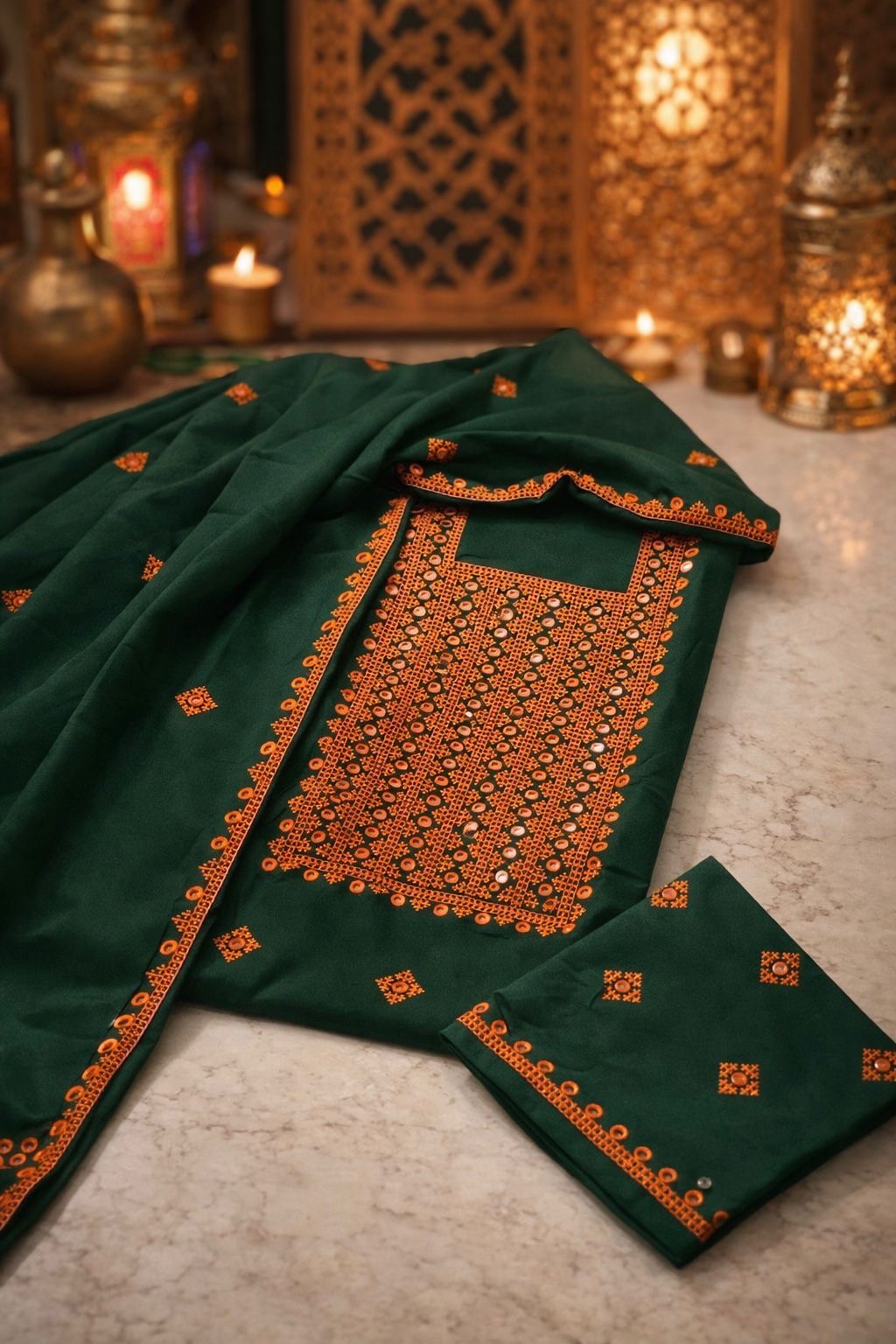 Sindhi Hurmucha Style Soft Cotton 3-Piece Suit with 9MM Sitara Computer Embroidery