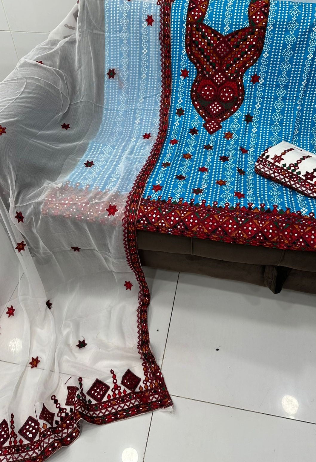 Balochi Ari Sitara Work Chunri Print Cotton 3pc Dress