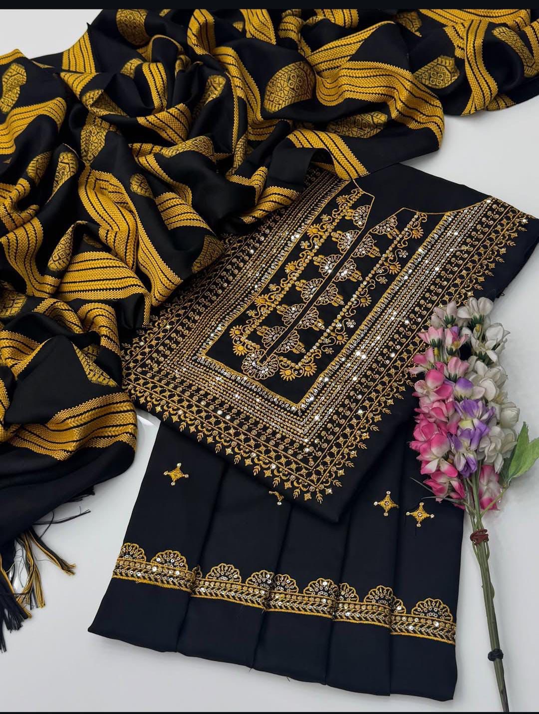 Winter Staple Sussi Suit with 3MM Sequence Sitara Computer Embroidery With Thari Shawl Jacquard Dupatta 3PC Dress 👗