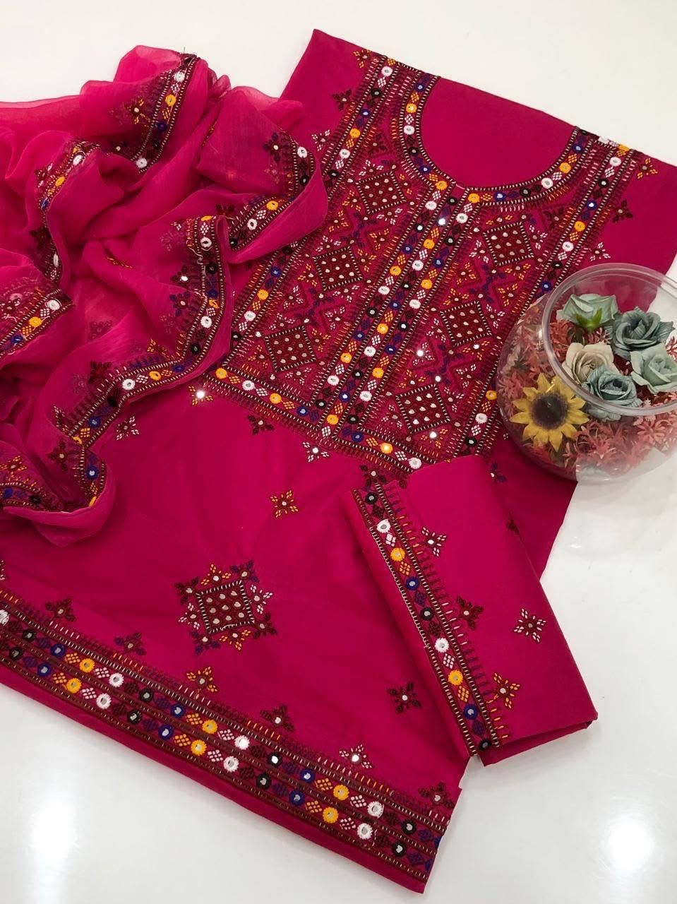 Balochi Thick Thread Sitara Embroidery Lawn Cotton With Chiffon Dupatta - 3PC Unstitch Dress 👗