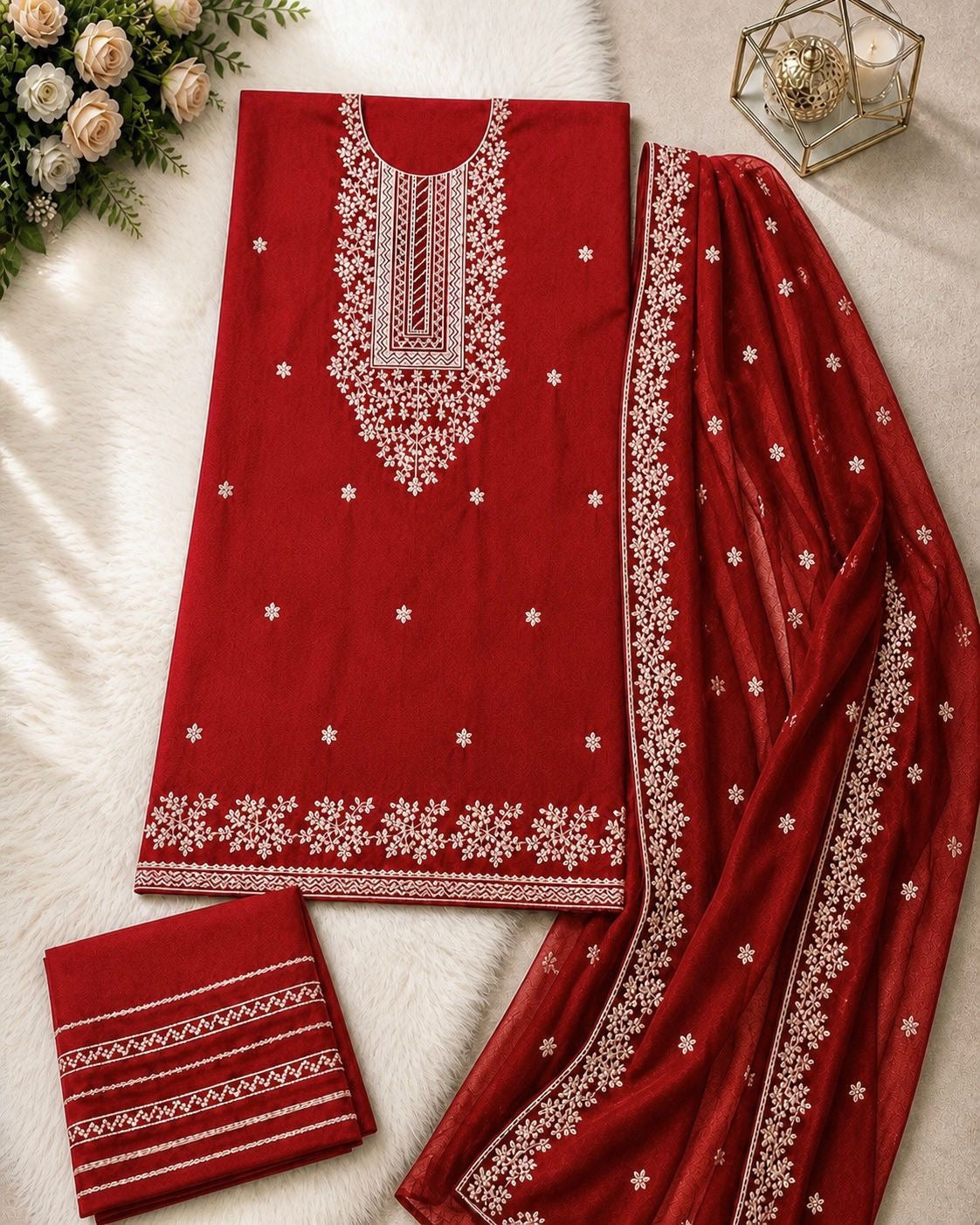 Applic Patti Zari Embroidered Lawn Cotton with Chiffon Dupatta - 3PC Unstitch Dress 👗