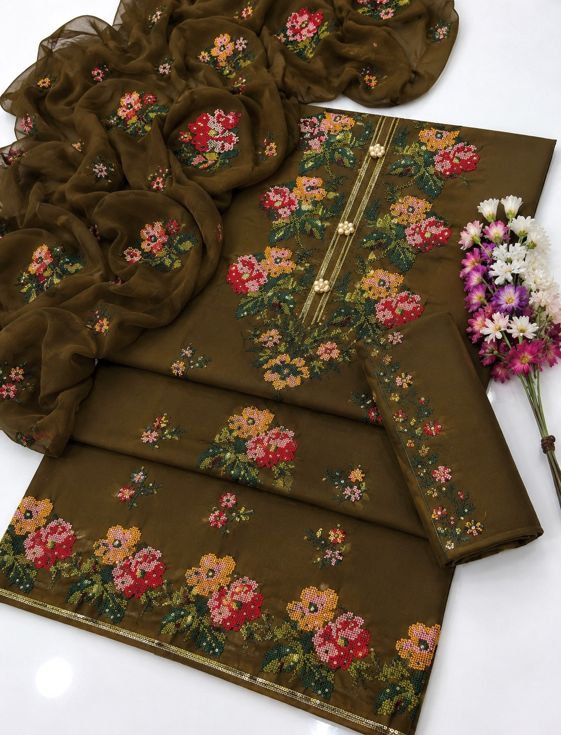 3MM Sequence Sitara Heavy Cross Stitch Multi Floral Embroidery Lawn Cotton with Chiffon Dupatta - 3PC Unstitched Dress 👗