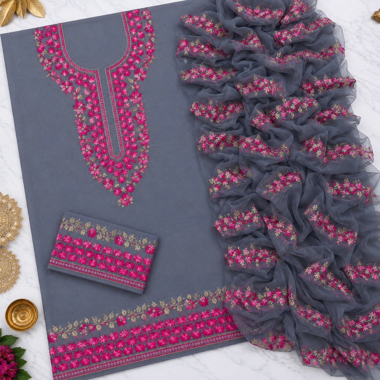 Two-Tone 3MM Sitara Thick Thread Flower Work Embroidery Soft Cotton with Chiffon Dupatta - 3PC Unstitch Dress 👗