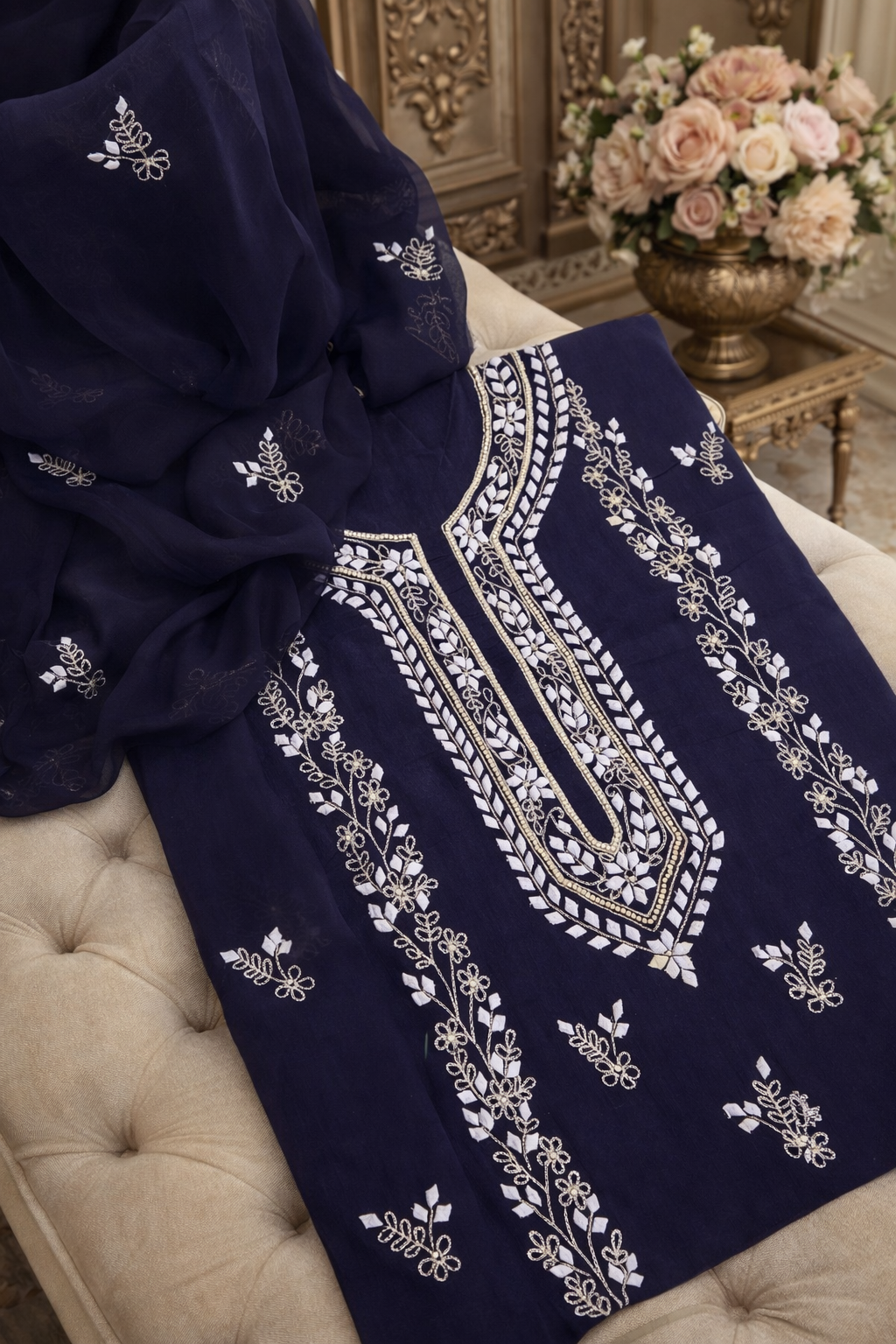 Handmade Applique Leaf, Zari & Pearl Work Lawn Fabric With Chiffon Dupatta 3PC Dress