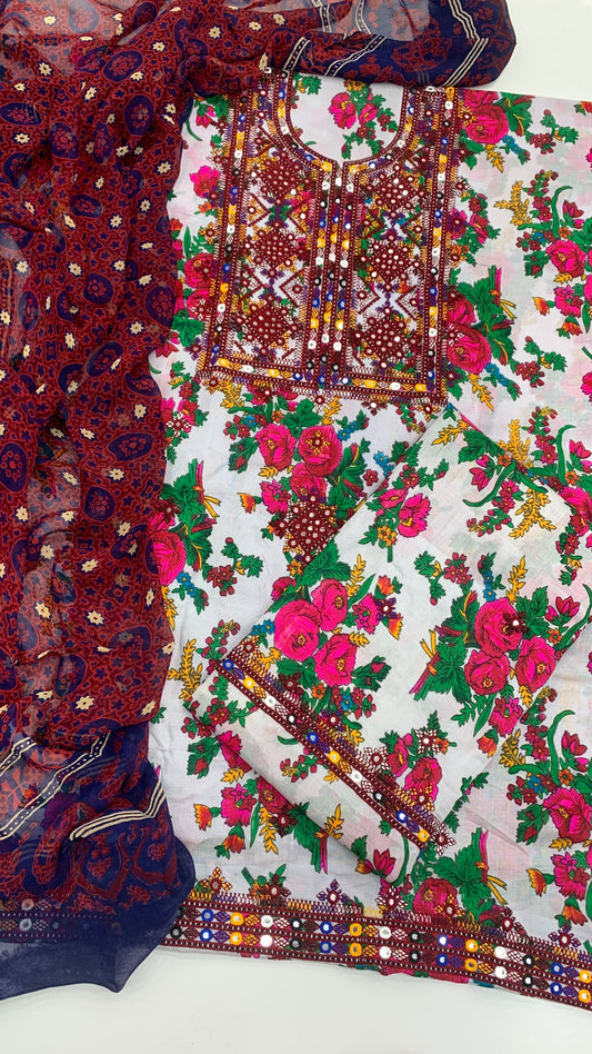 Elegant Balochi Floral With Hand Printed Ajrak Chiffon Dupatta
