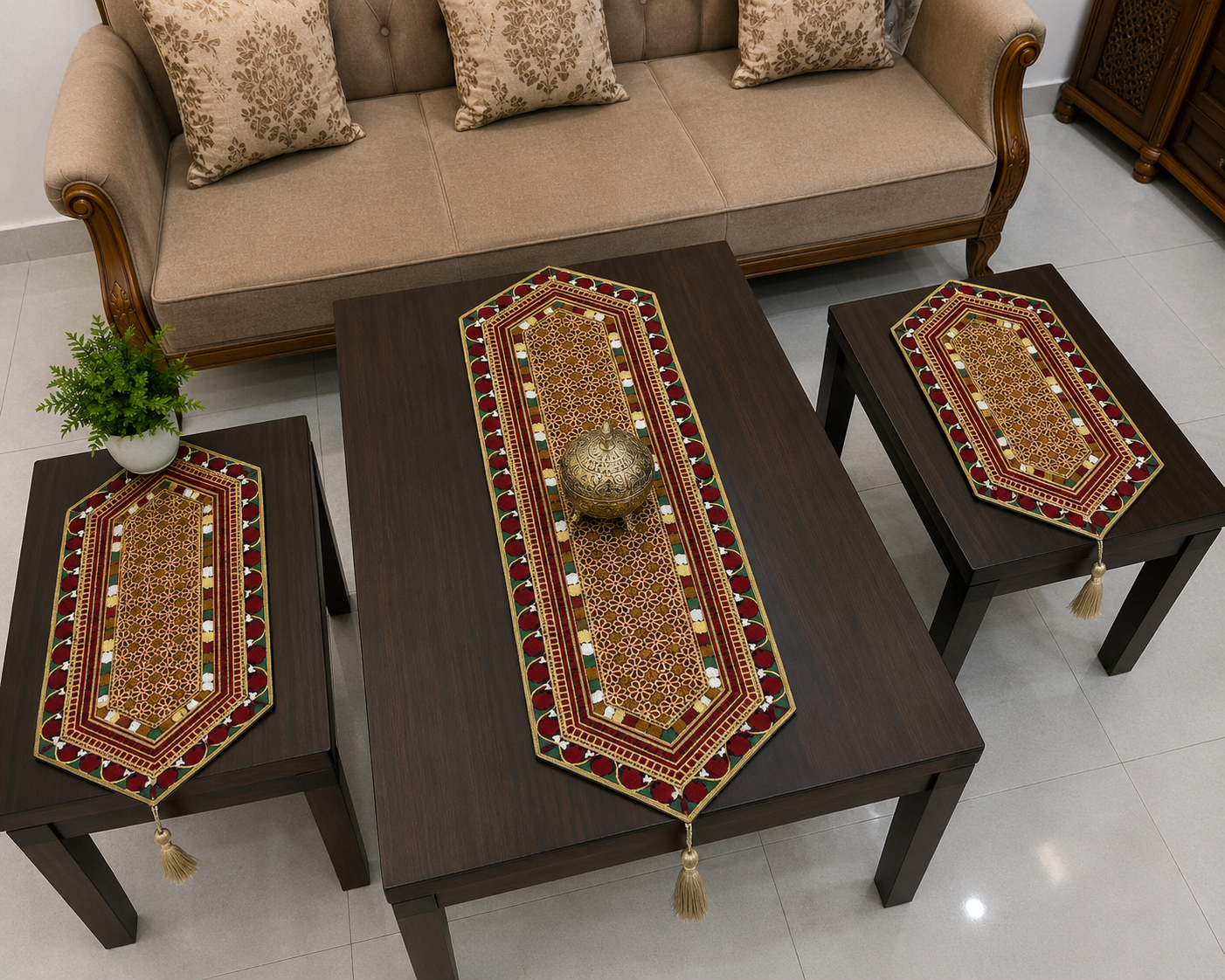 Antique Multi Sitara Machine Embroidered Sofa Table Mats 3pc Set