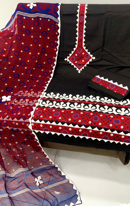 Ajrak Applic Work With Ajrak Dupatta Handmade 3pc Dress
