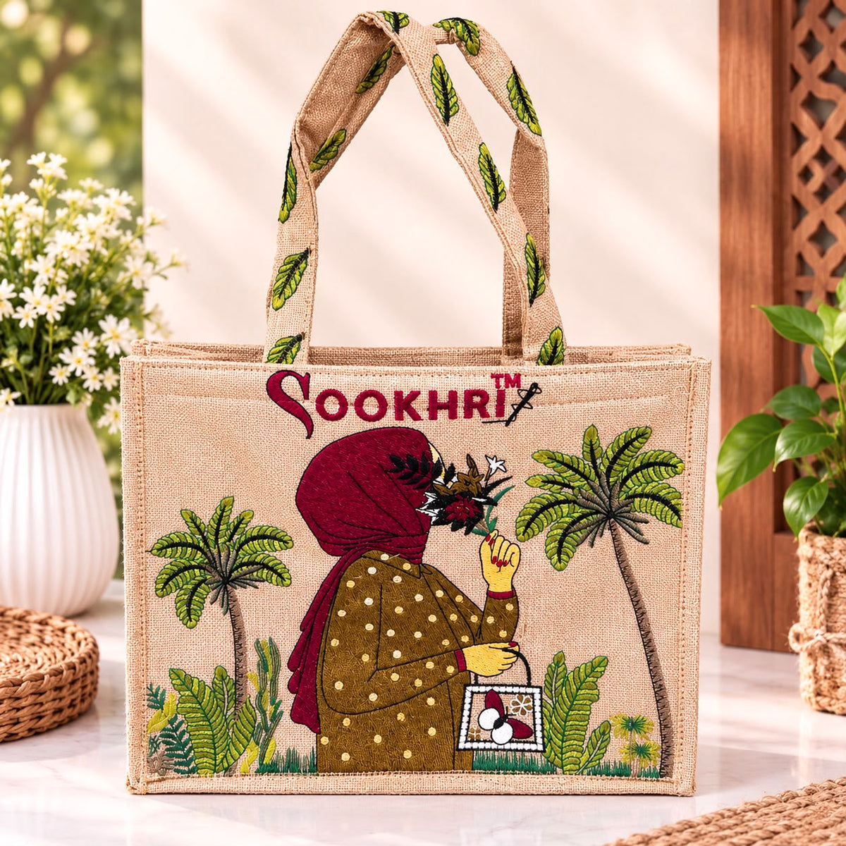 Sookhri Handcrafted Embroidered Jute Tote Bag for Women | Eco-Friendly Shopping & Everyday Handbag (15 Inches Length | 11.5 Inches Width)