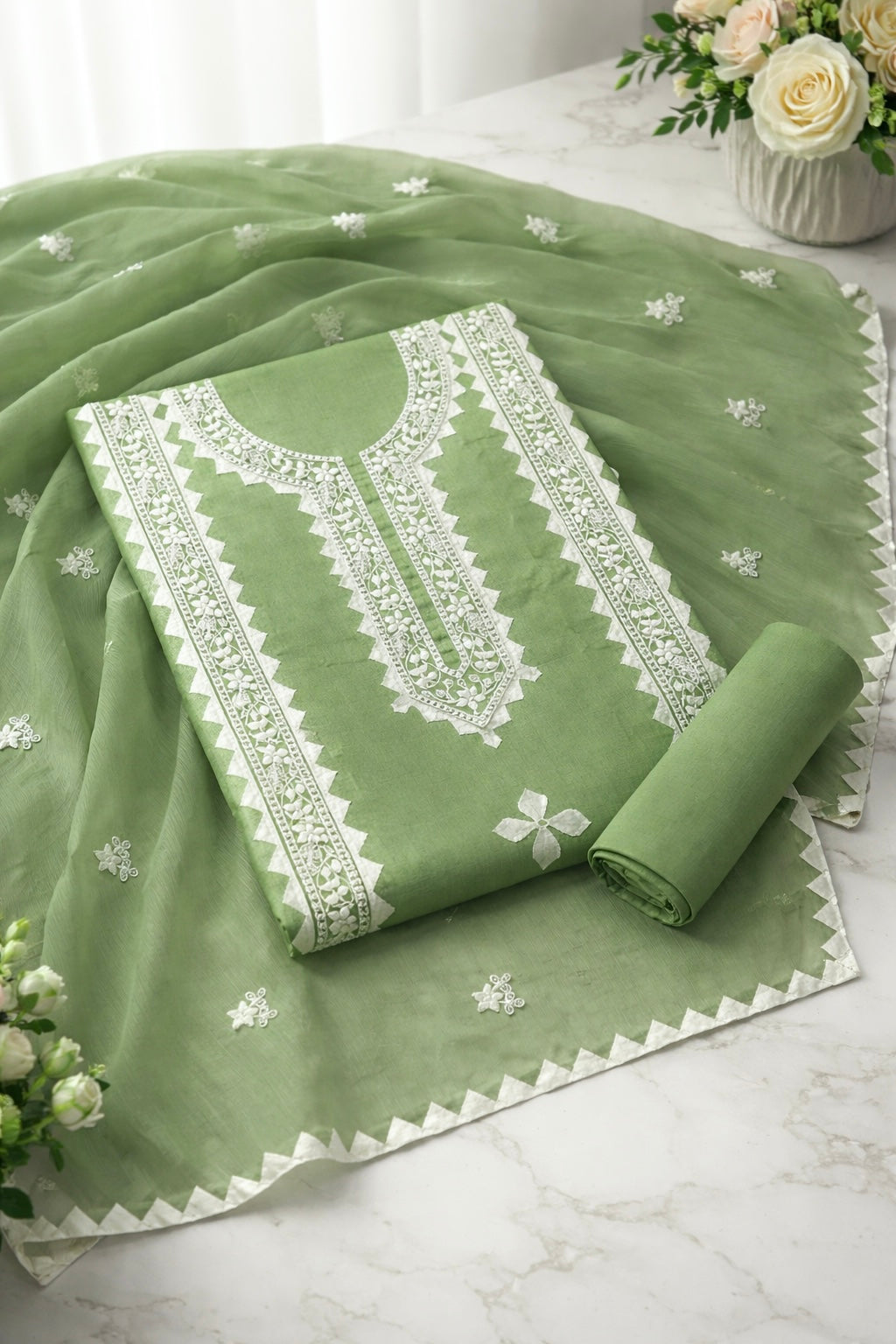 Applique Handmade Thick Thread 3mm Sequence Sitara Embroidery Lawn Cotton with Chiffon Dupatta - 3PC Unstitch Dress 👗