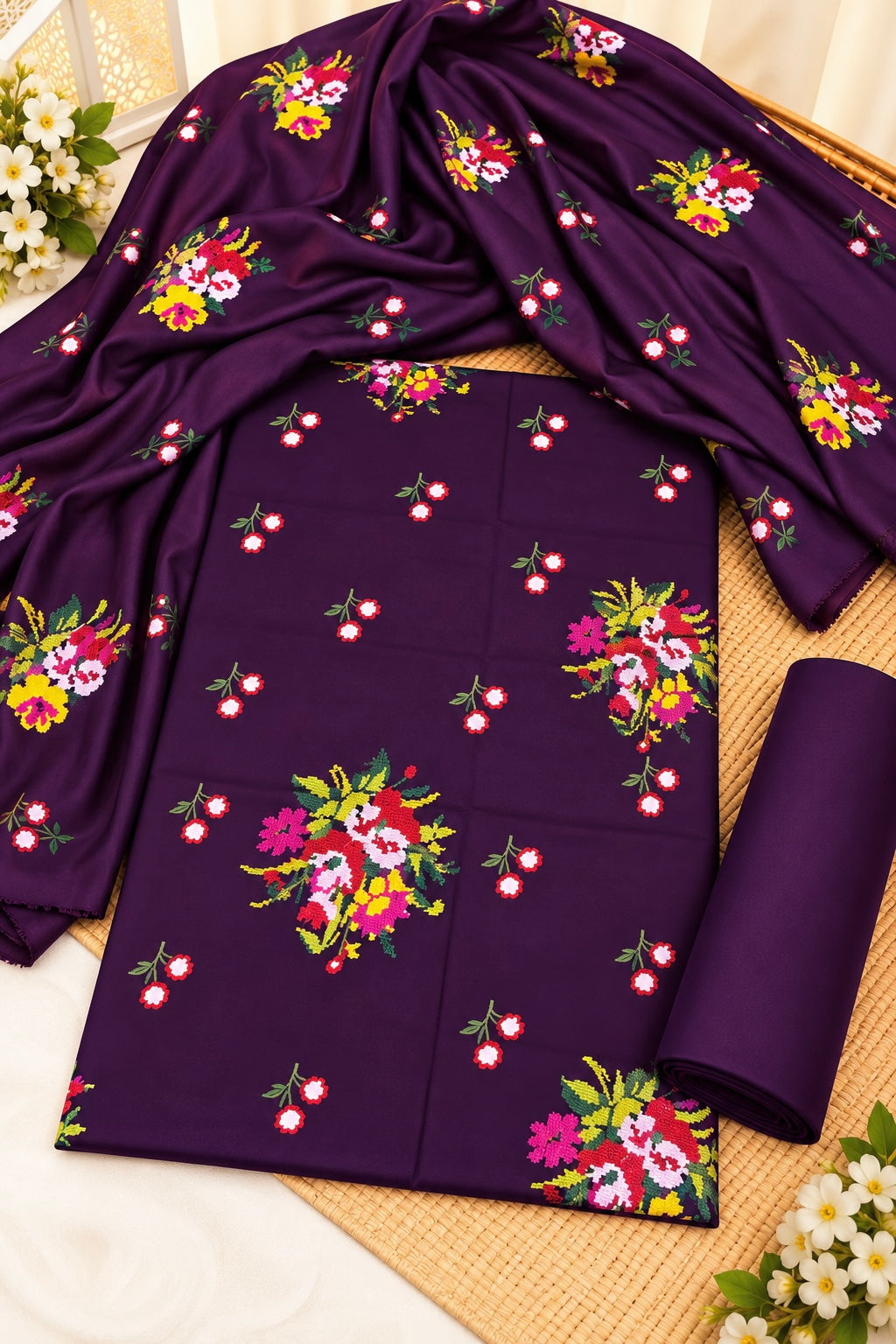 Premium Dhanak Fabric Cross Stitch Multi Flower Bunches Embroidered 3-Piece Unstitched Suit