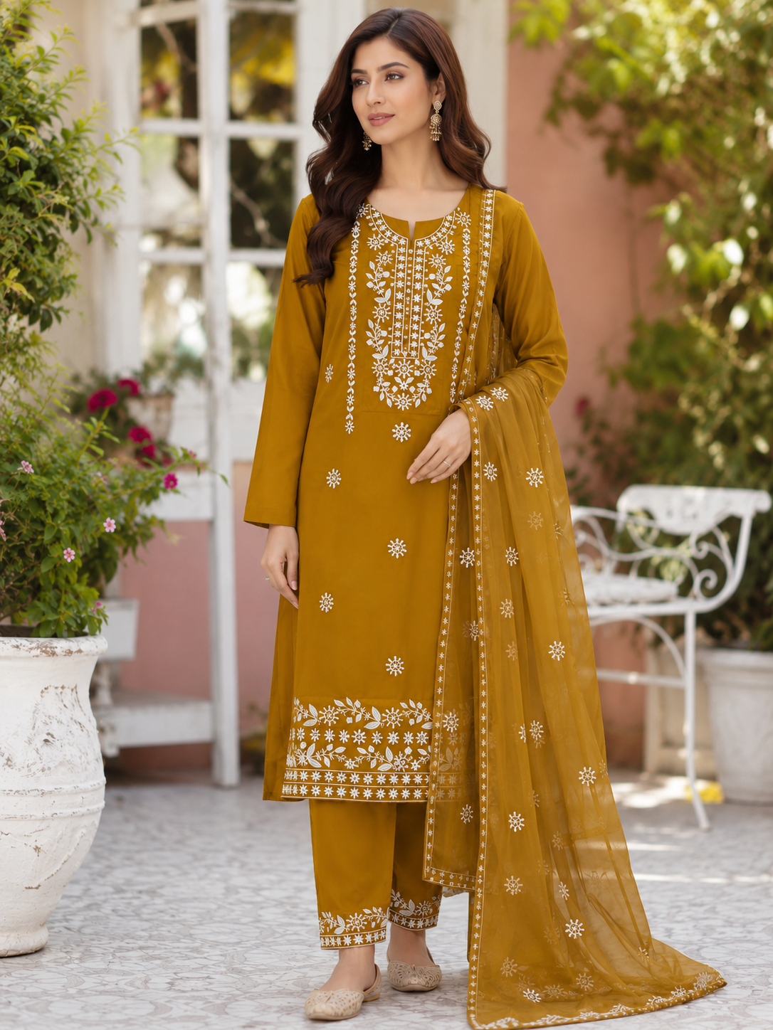 Pakka Thick Thread Fancy Gala Daman Embroidery Lawn Cotton with Chiffon Dupatta - 3PC Unstitch Dress 👗