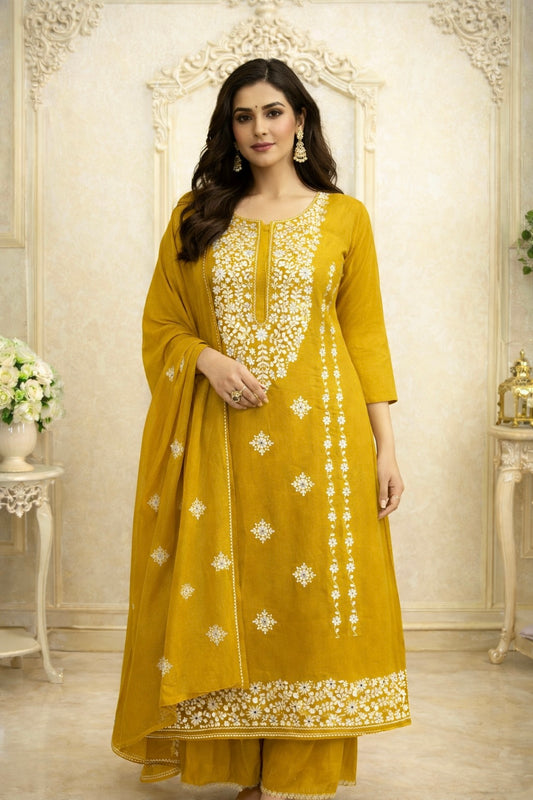 Golden Mustard Soft Cotton 3PC Dress – 9MM Sitara Alterhead Tick Thread Embroidery Work