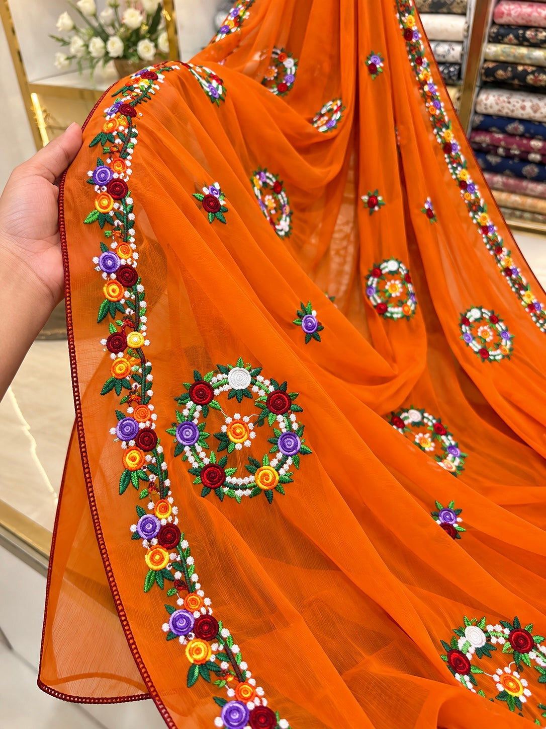 China Krinkle Chiffon Multi Flower Thick Thread Embroidered Ladies Chader