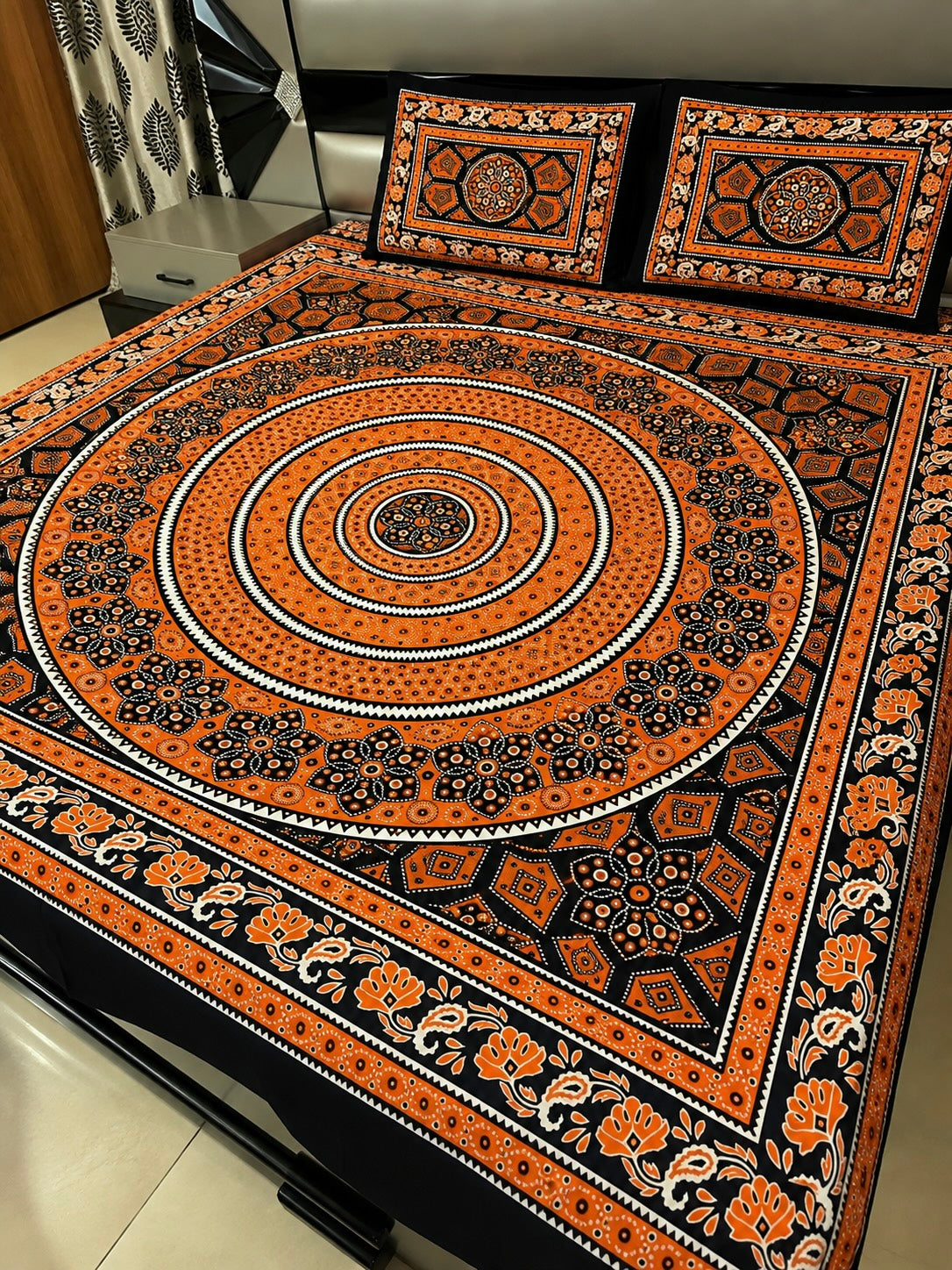 King Size Ajrak Block Hand Print Cotton Stuff Bedsheet Set with 2 Unstitched Pillow Covers