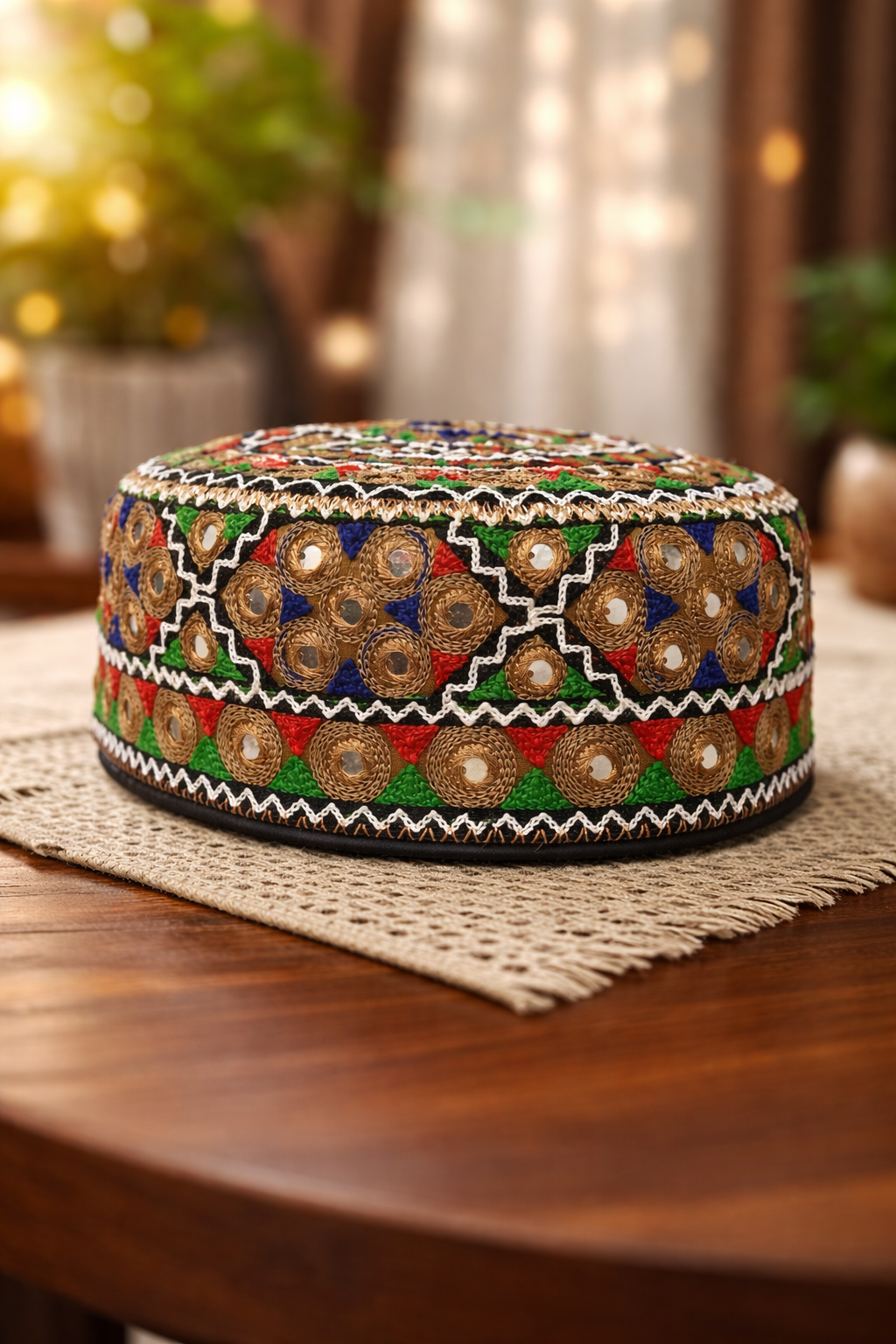 Traditional Sindhi Ladies Cap – Sitara Embroidered Work | Round Shape