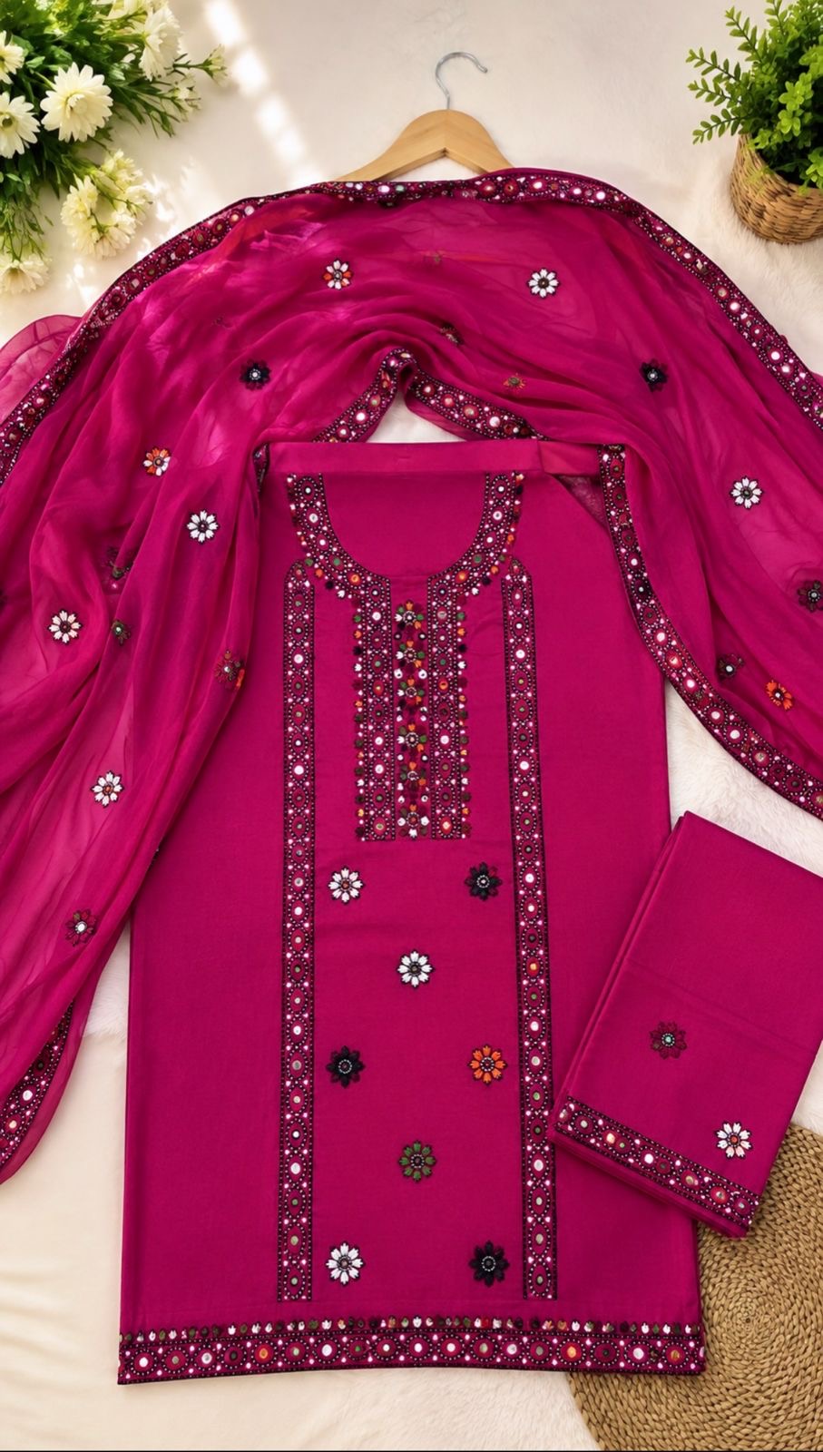 Balochi Multi Thick Thread & 9MM Sitara Heavy Embroidered Soft Cotton Shirt & Trouser with Chiffon Dupatta | 3PC Unstitched Dress 👗