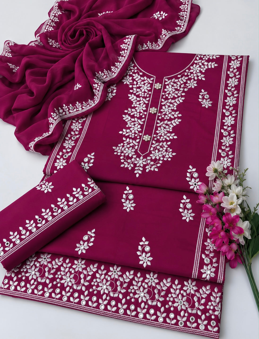 Applic Patti Style Sitara Embroidered Soft Cotton Shirt & Trouser with Chiffon Embroidered Dupatta - 3PC Unstitch Dress 👗