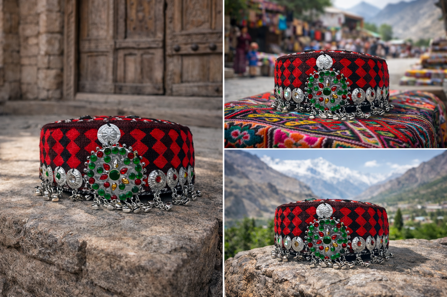 Handcrafted Traditional Embroidered Gilgiti Cap with Silver Coins Tassels (Standard Size)