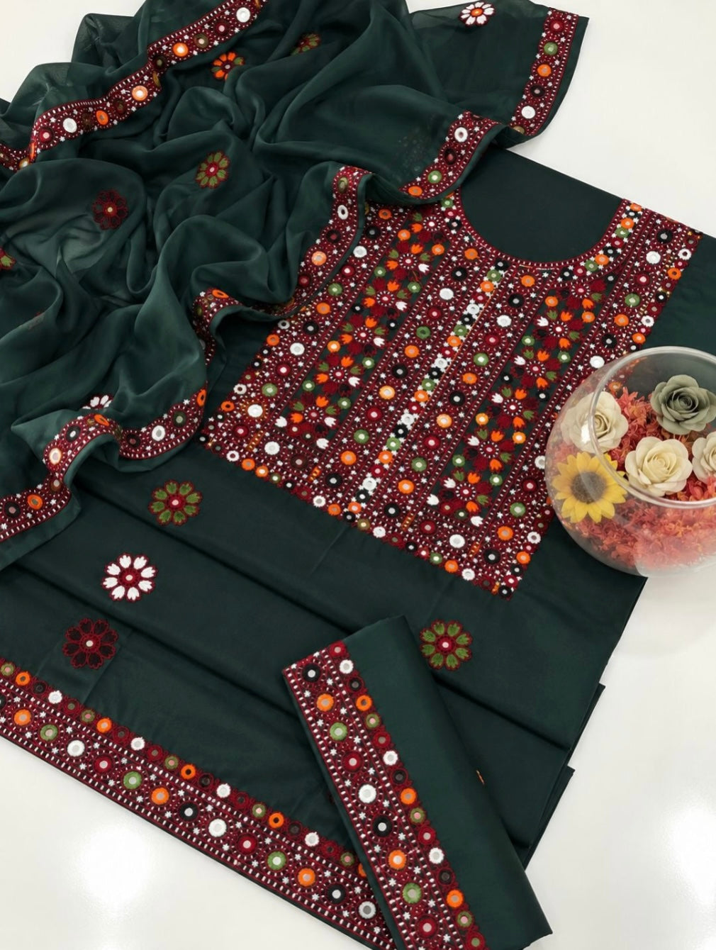 Balochi Multi Thick Thread 9MM Sitara Heavy Embroidered Soft Cotton with Chiffon Dupatta – 3PC Unstitched Dress