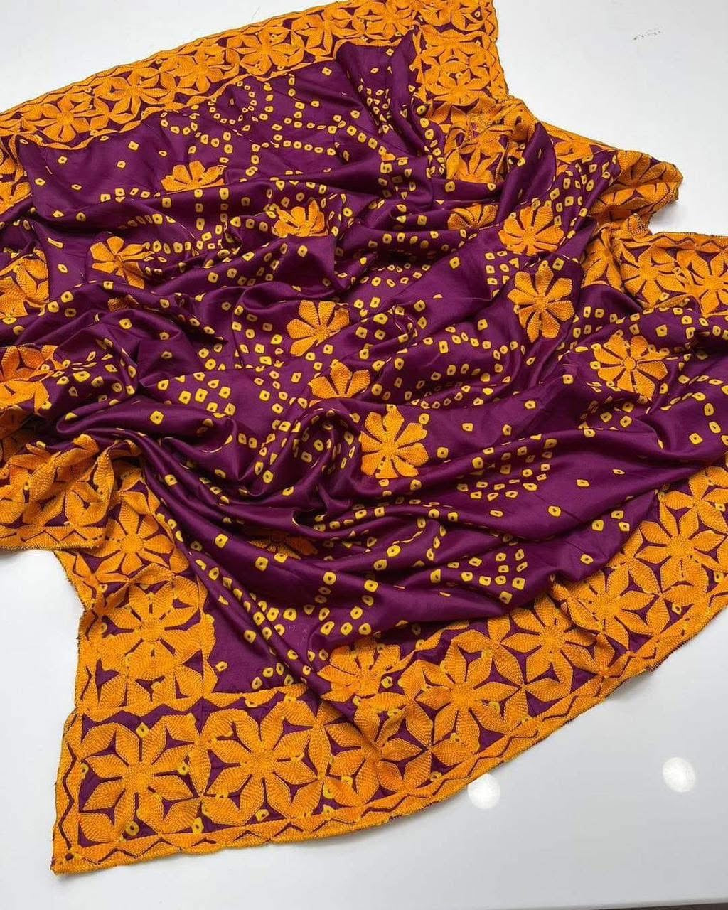 Chunri Print Silk Fabric Applique Style Ari Embroidery Chadar