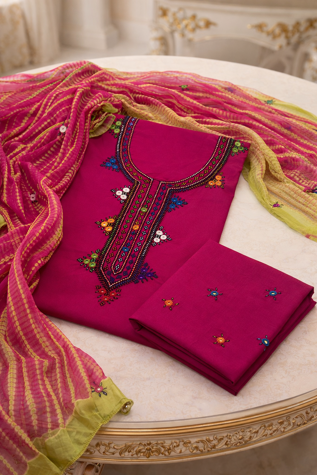 Handmade Balochi Gala Soft Cotton with Mirror Work Tie & Dye Chiffon Dupatta – 3PC Unstitch Dress 👗