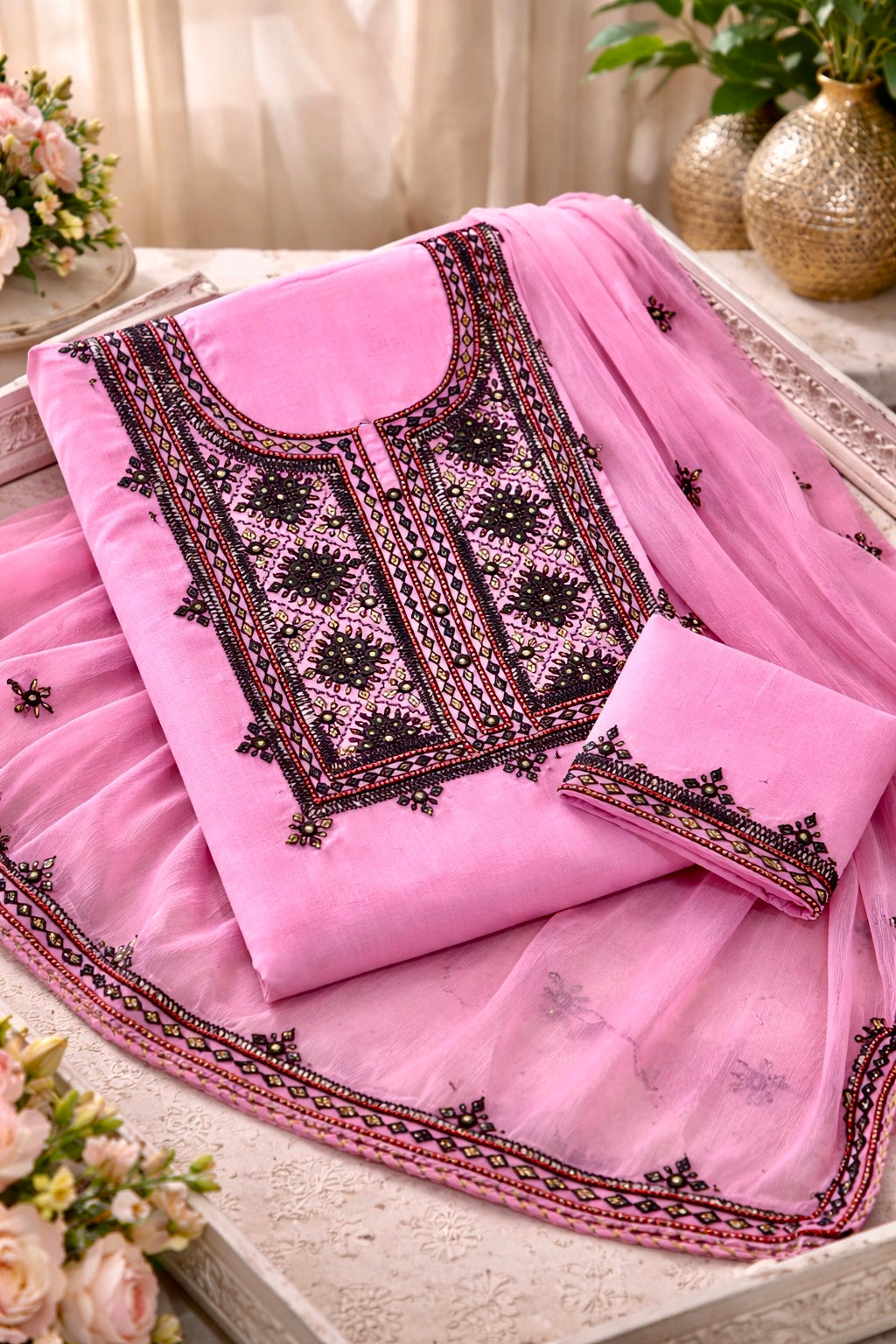 Balochi Handcrafted 3-Piece Suit with Original Mirror Work – Soft Cotton & Chiffon Dupatta