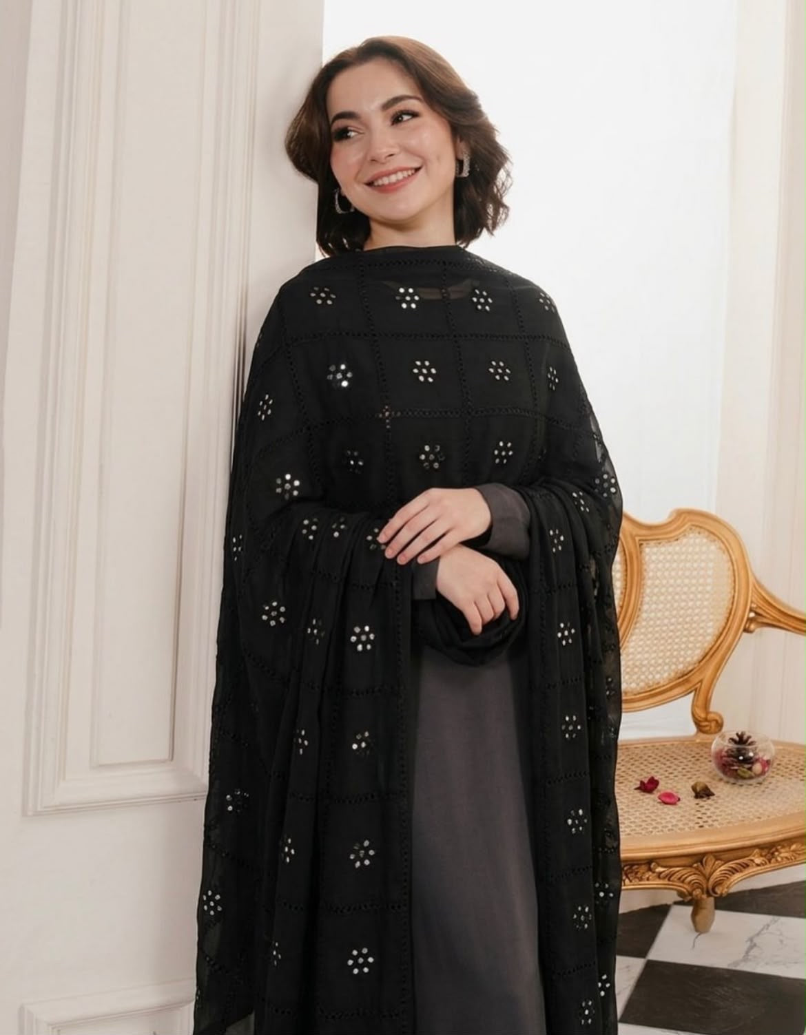 Black Swiss Lawn Handmade Tarkashi with Original Mirror Work Fancy Chaddar