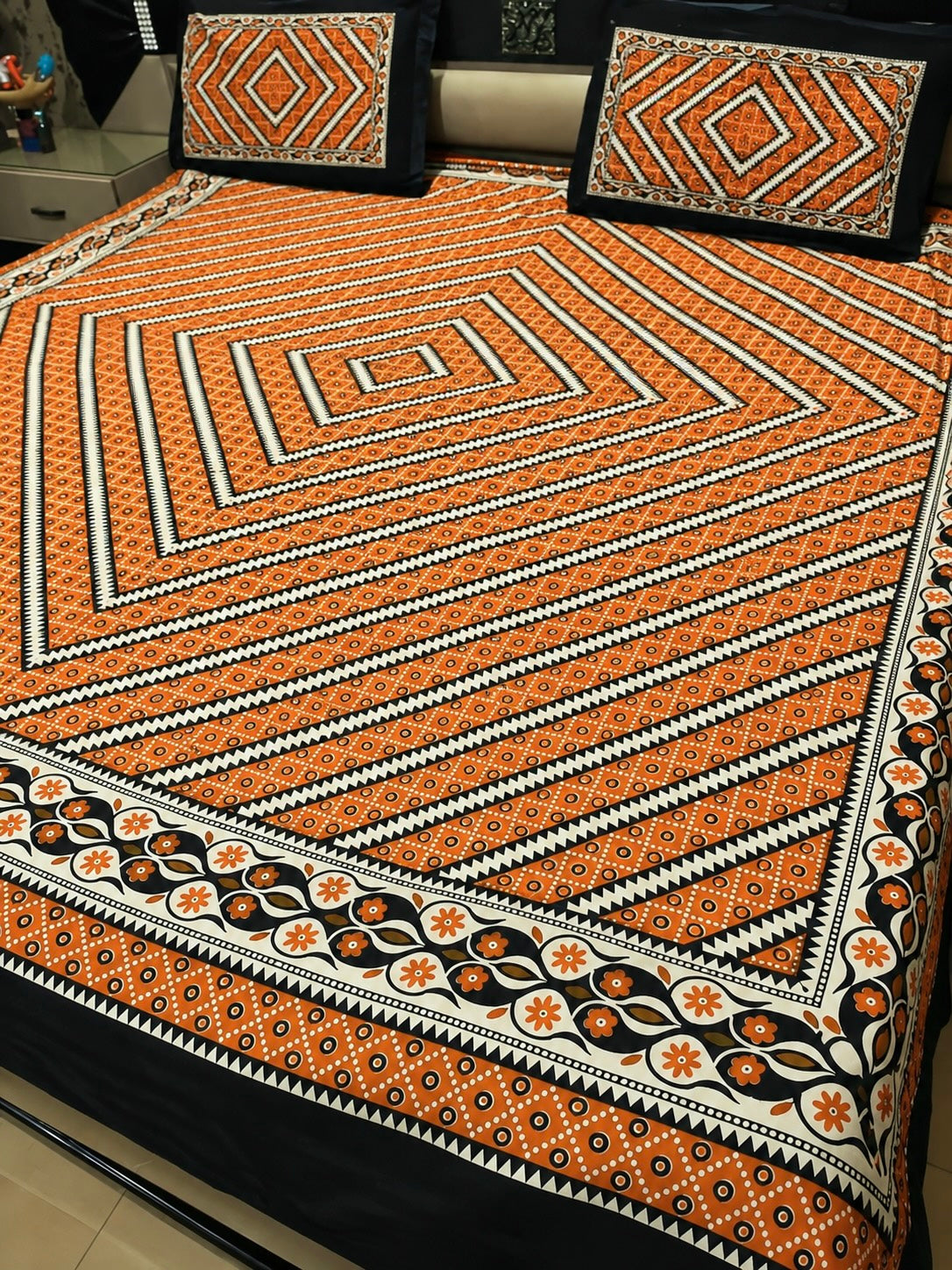 Ajrak Cotton King Size Block Print Bedsheet with 2 Unstitched Pillow Covers