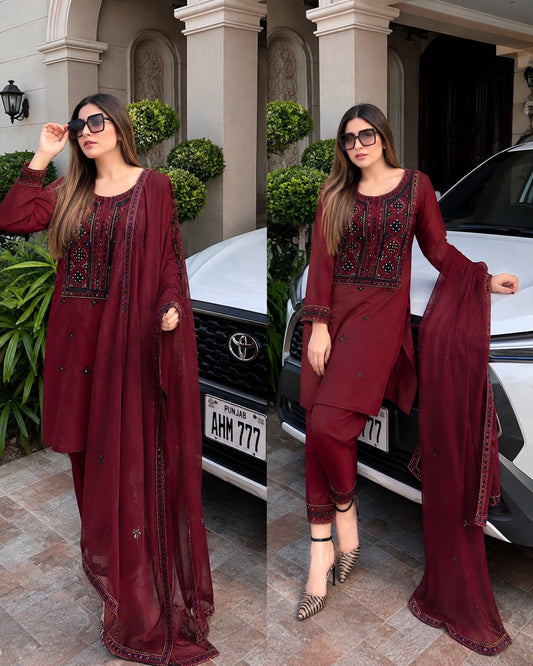 Balochi Handmade Mirror Work Soft Cotton Fabric Shirt & Trouser with Chiffon Dupatta | 3PC Unstitch Dress 👗